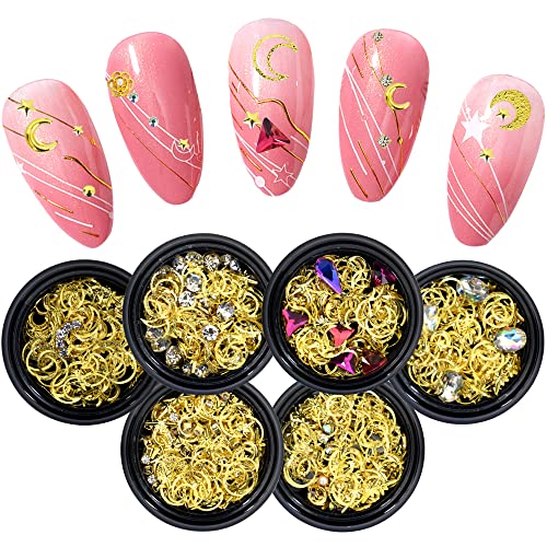6 Boxes Gold Nail Rhinestones & Studs Set - 3D Nail Crystals, Rivets & Charms for DIY Manicure - Professional Nail Art Supplies for Home Salon & Party Makeup Decoration