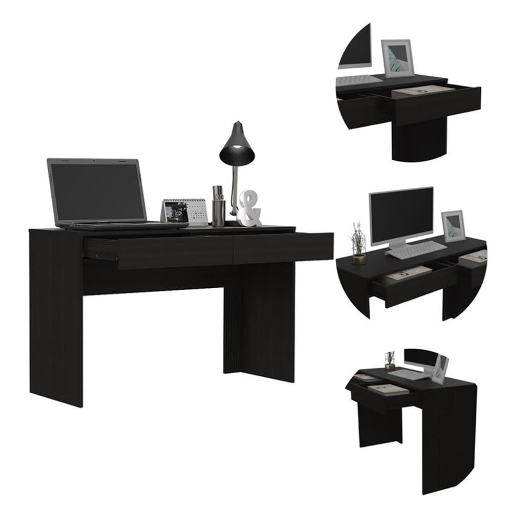 TUHOME Black Engineered Wood Computer Desk with 2 Drawers for Home Office