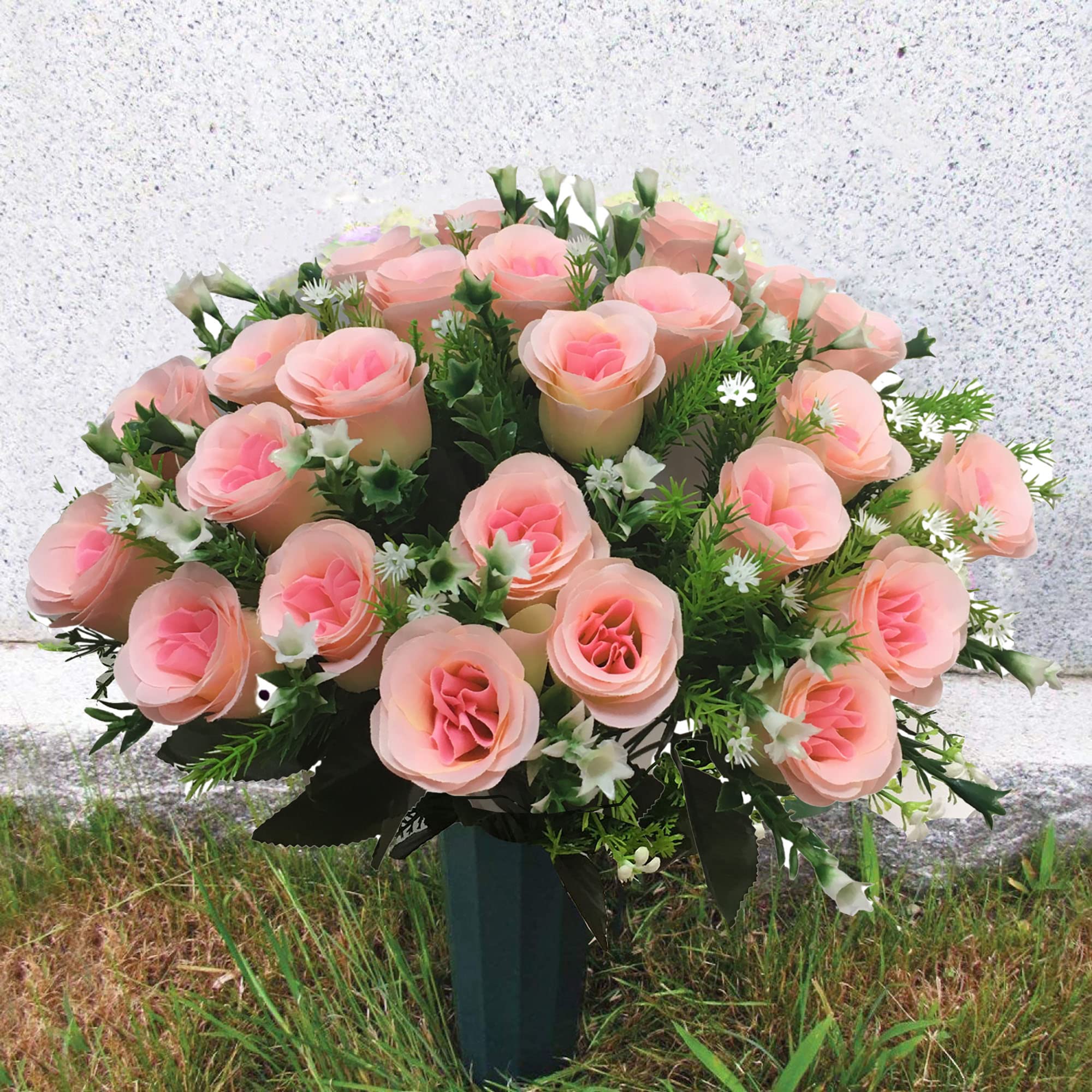 Premium Silk Roses for Cemetery & Memorials - Realistic Artificial Flowers for Graves, Headstones & Vases - Florist-Arranged Bouquet (2-Pack, Pink) - Perfect for Graveside Tributes & Home Memorial Displays