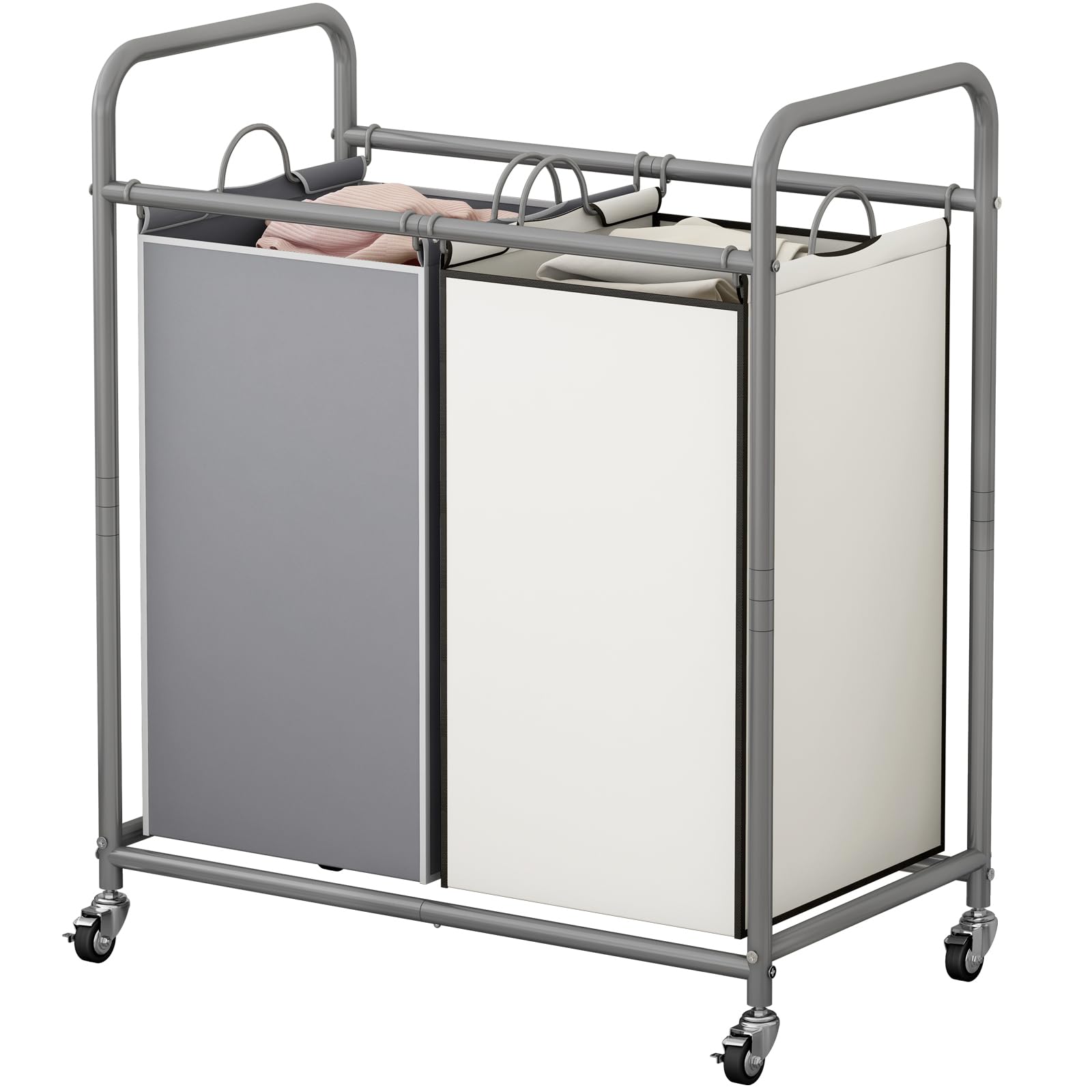 2-Bag Laundry Sorter Cart with Lockable Wheels & Removable Bags - Foldable Clothes Hamper Organizer for Bedroom, Laundry Room Storage (Grey+Beige) | Space-Saving Rolling Laundry Basket for Apartments & Dorms