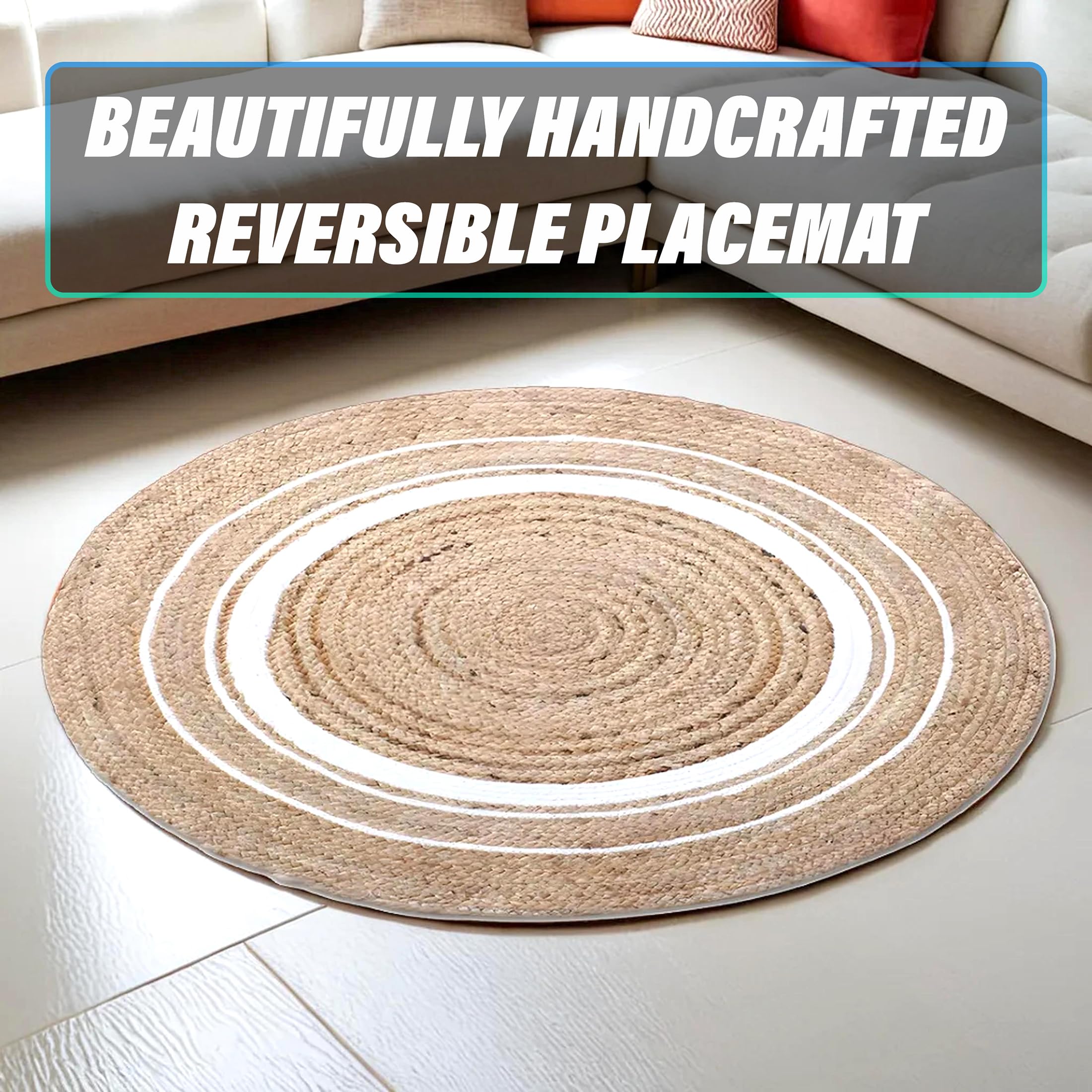 Kuber Industries Hand Woven Braided Jute Round Carpet Rug - 60x60 cm Spiral Design Natural Fiber Doormat for Bedroom, Living Room, Dining Room, Yoga & Meditation - Soft & Durable (White) | Perfect for Boho Home Decor, Entryway Floor Mat, Cozy Interior Accent