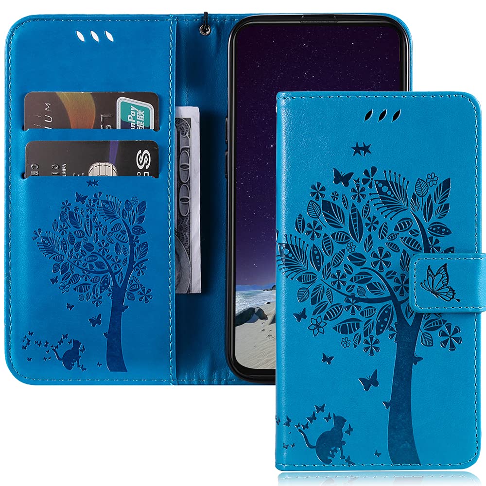 iPhone 13 Mini Wallet Case with Kickstand & Card Holder - Cute Butterfly Cat Embossed PU Leather Protective Cover for iPhone 13 Mini 5.4 Inch (Wish Tree Blue) | Perfect for Everyday Use, Travel & Hands-Free Viewing