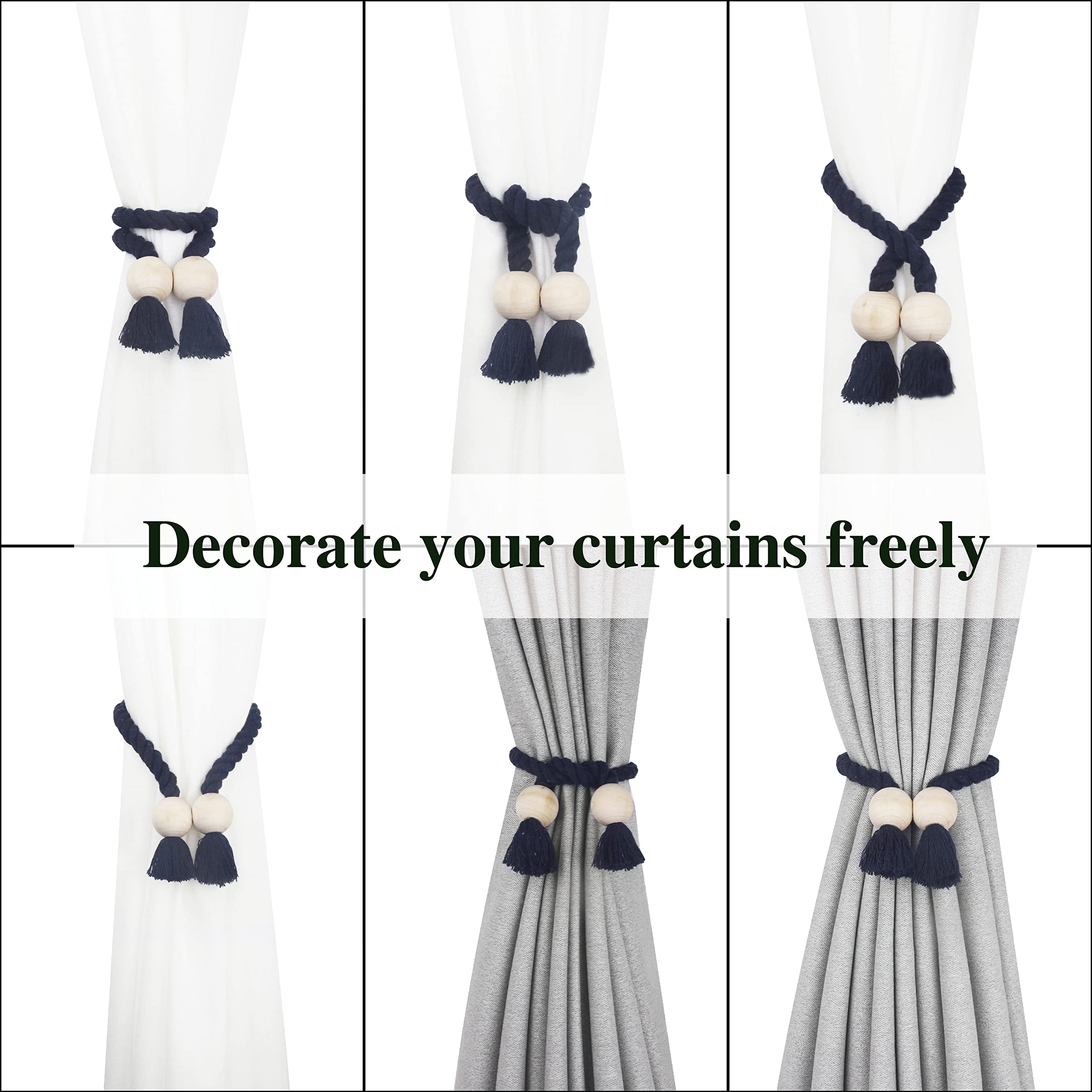 4 Pack Navy Blue Magnetic Curtain Tie Backs - Hand Woven Cotton Decorative Rope Holdbacks for Drapes & Curtains, No Tools Required - Perfect for Living Room, Bedroom & Window Decor