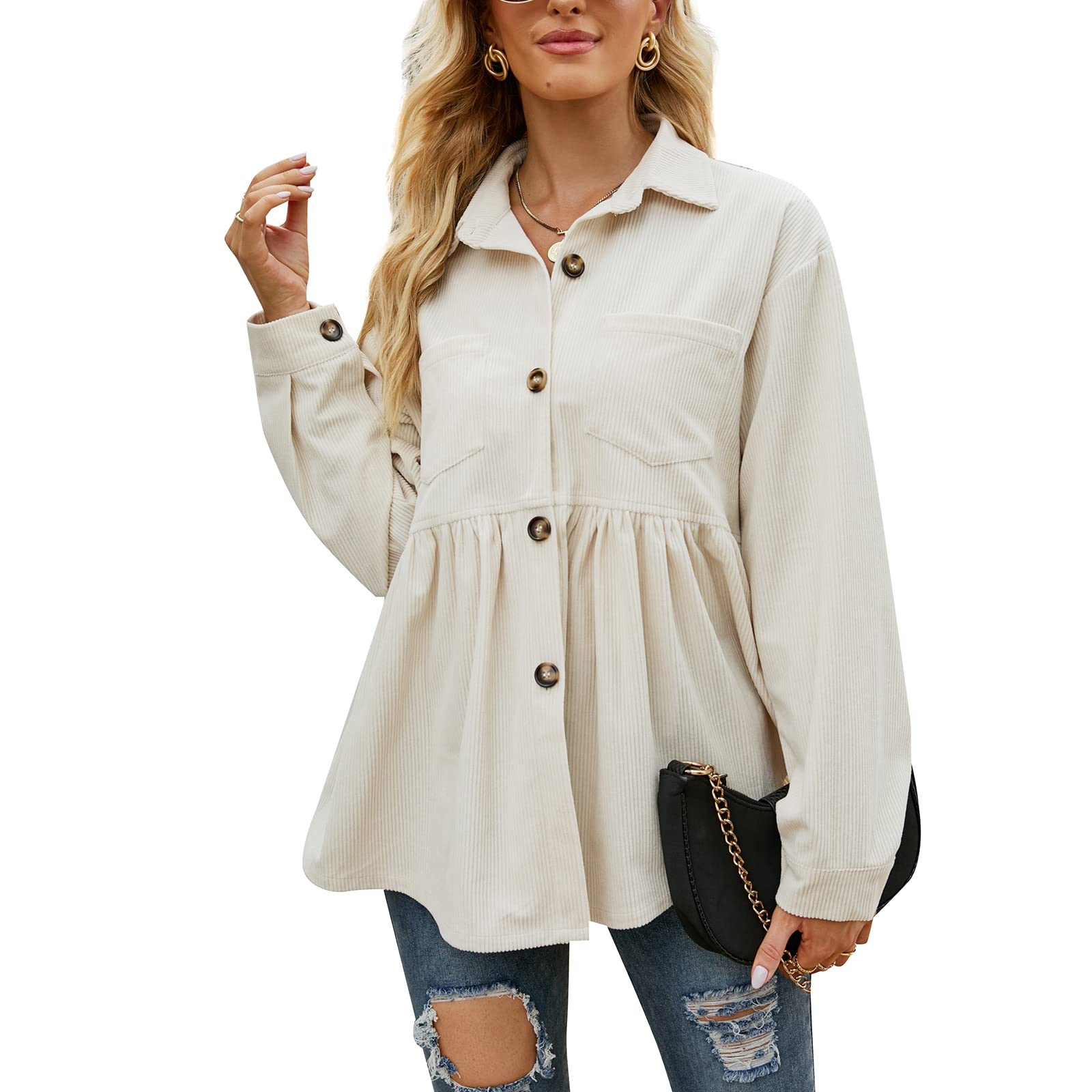 TICIFEN Women's Corduroy Button Down Shirt - Long Sleeve Peplum Blouse, Cute Babydoll Tunic Top & Loose Jacket Shacket for Casual Wear, Office Outfits & Fall Fashion
