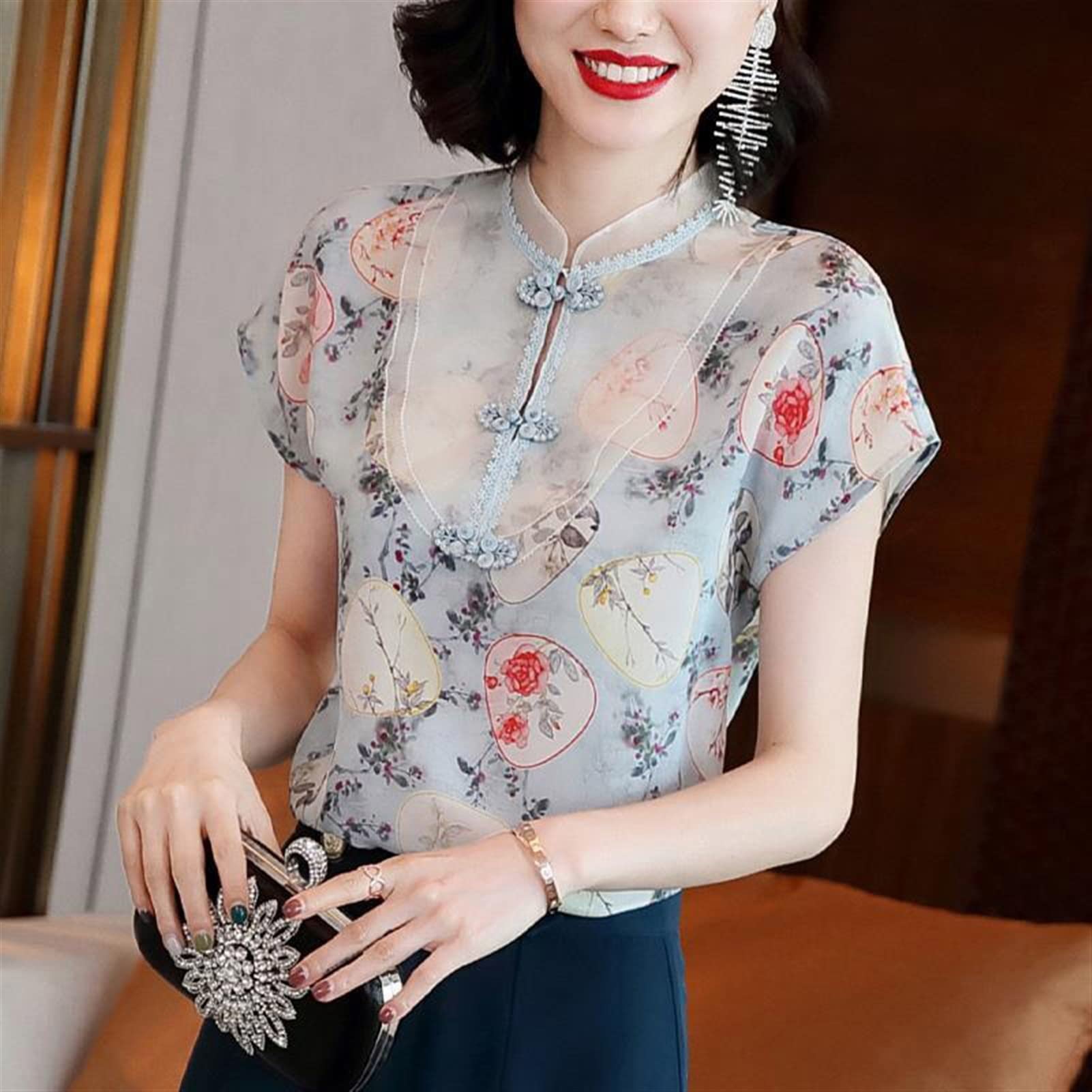 Elegant Chinese Style Stand Collar Chiffon Blouse - Floral Printed Short Sleeve Women's Summer Top (White, X-Large) | Perfect for Casual Wear, Office Outfits & Summer Parties