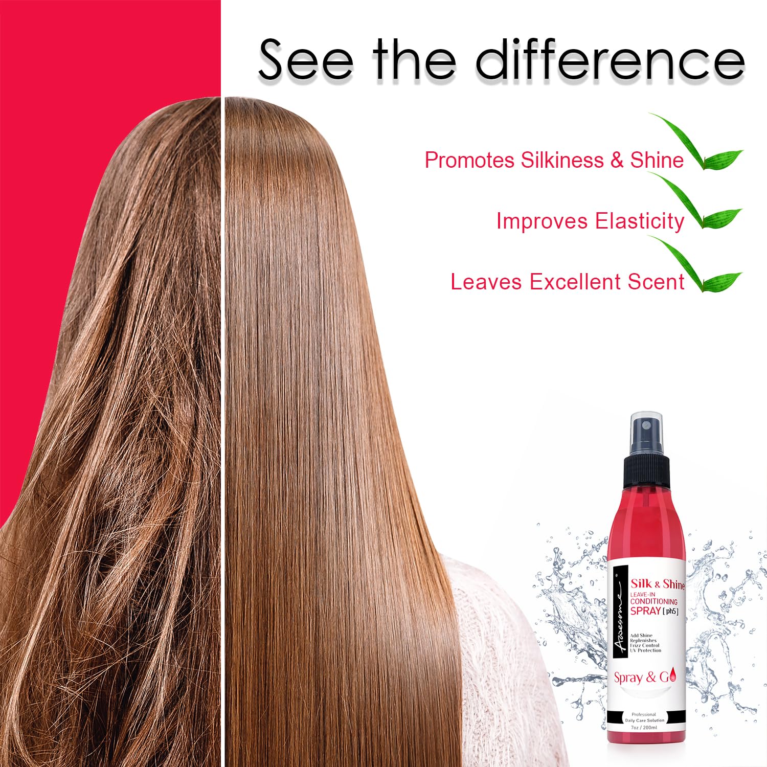 Silk & Shine Leave-In Conditioner Spray - pH Balanced 5.0 for Hair Detangling & Moisture, Anti-Frizz Treatment with UV Protection & Long-Lasting Fresh Scent (7 fl oz) - Perfect for Damaged, Dry Hair & Heat Styling Protection