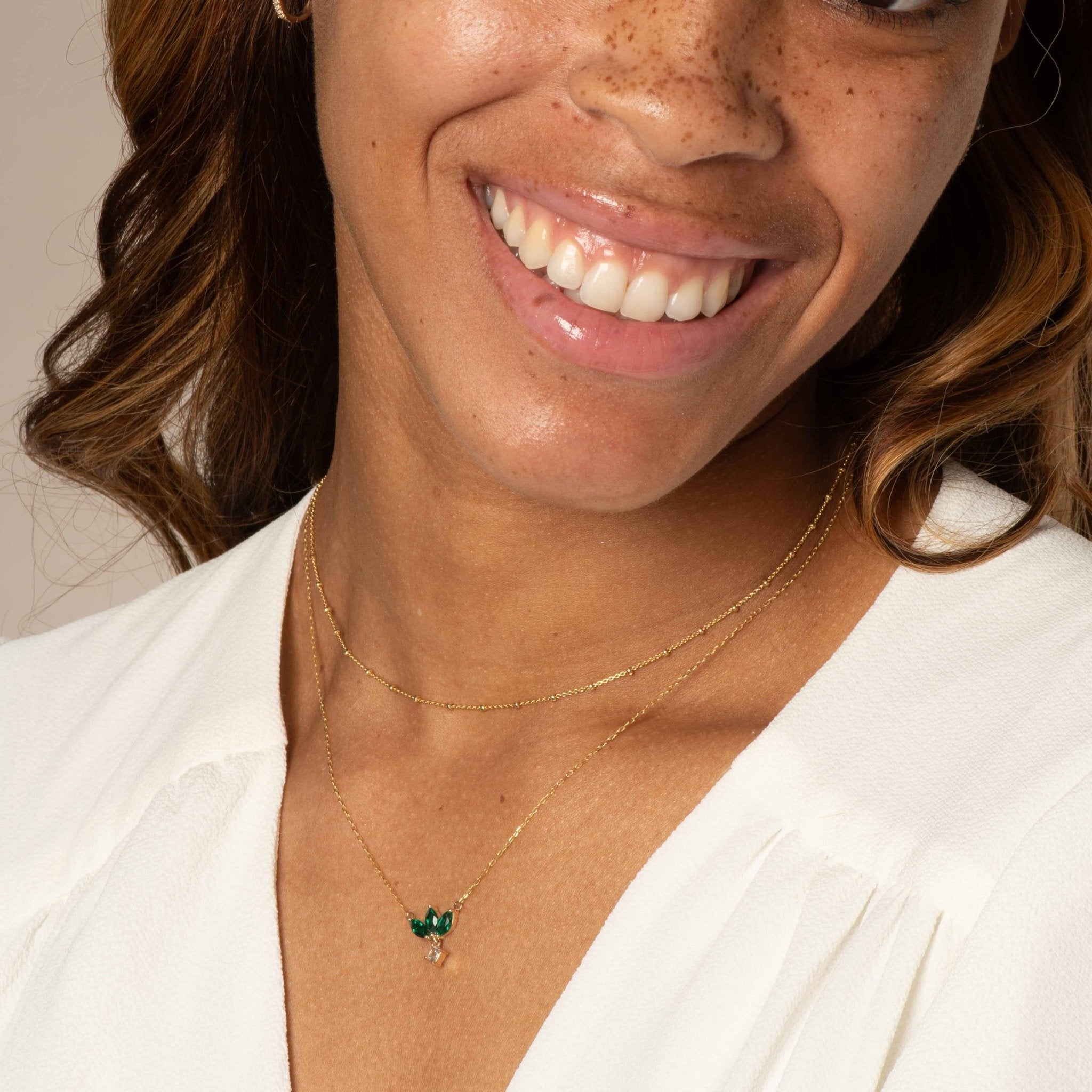 10k Yellow Gold Emerald Marquise & Princess Cut White Sapphire Dangle Necklace - Elegant Floral Pendant for Women, Perfect for Weddings, Anniversaries & Special Occasions