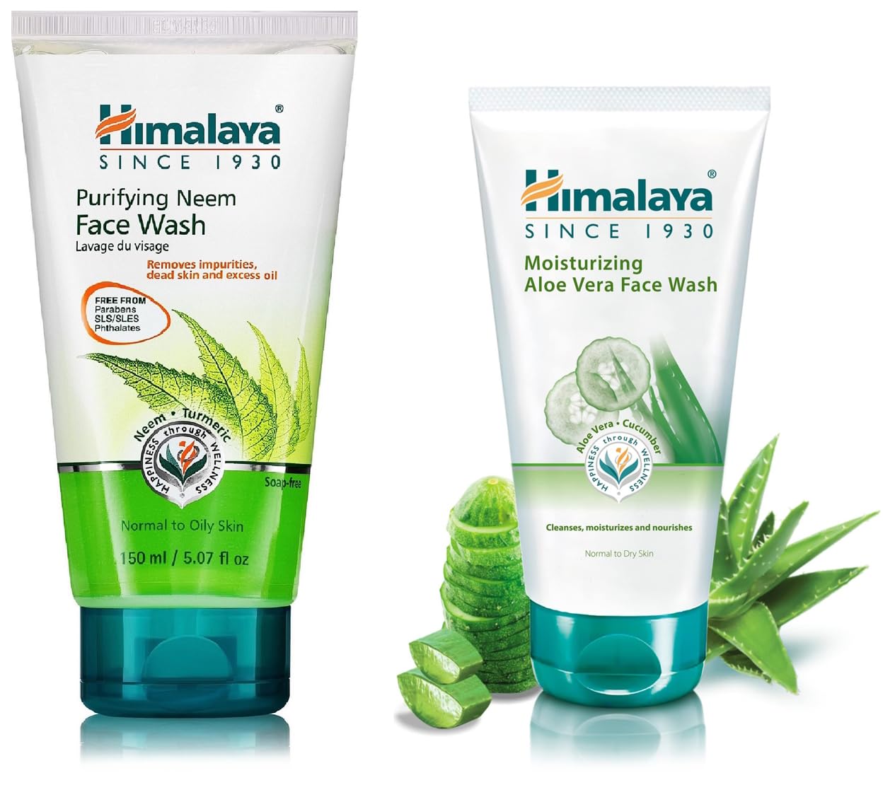 Himalaya Herbals Purifying Neem Face Wash 150ml & Moisturizing Aloe Vera Face Wash 100ml - Natural Cleansing for Acne-Prone & Dry Skin - Daily Skincare Routine for Men & Women