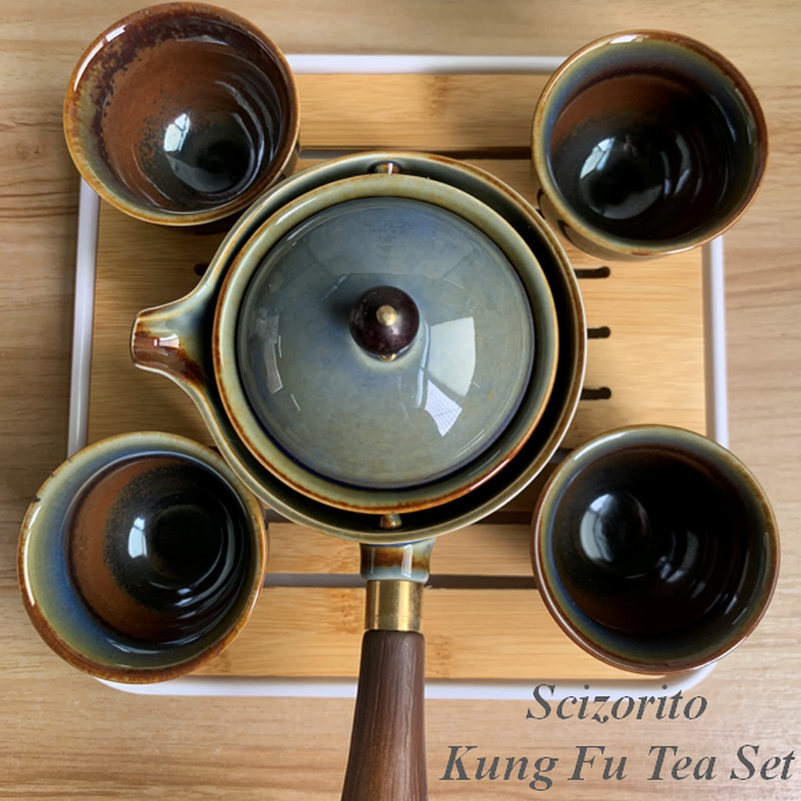 Premium Ceramic Travel Tea Set - 360° Rotating Teapot with Infuser, 4 Cups & Bamboo Tray - Portable Chinese Kungfu Tea Gift Set with Carrying Case (Kiln Fired) - Perfect for Camping, Office & Home Tea Ceremonies