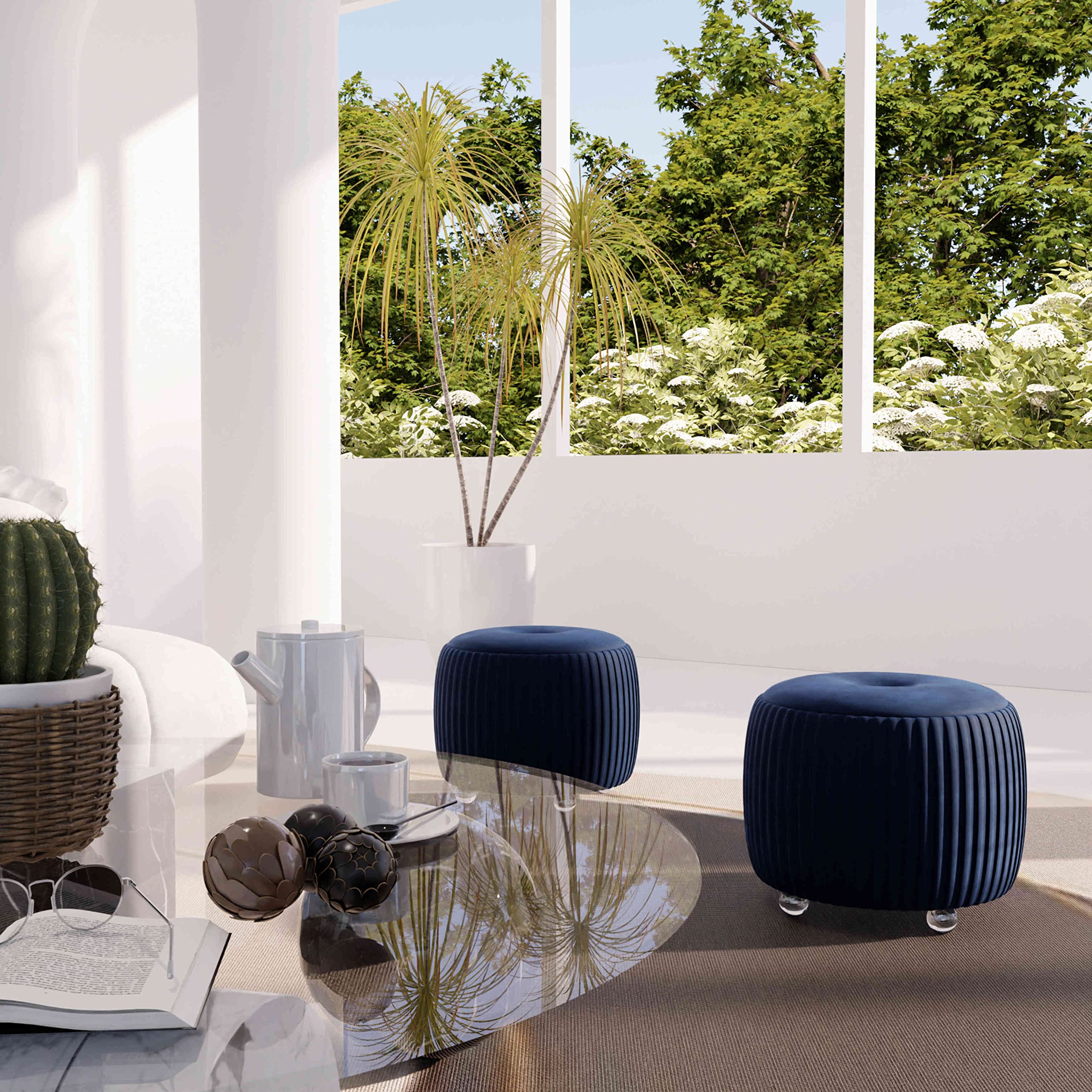 Cortesi Home Doles 16-inch Round Ottoman with Clear Acrylic Legs - Navy Blue Velvet Upholstered Footstool, Pouf or Accent Seat for Living Room, Bedroom & Office Decor