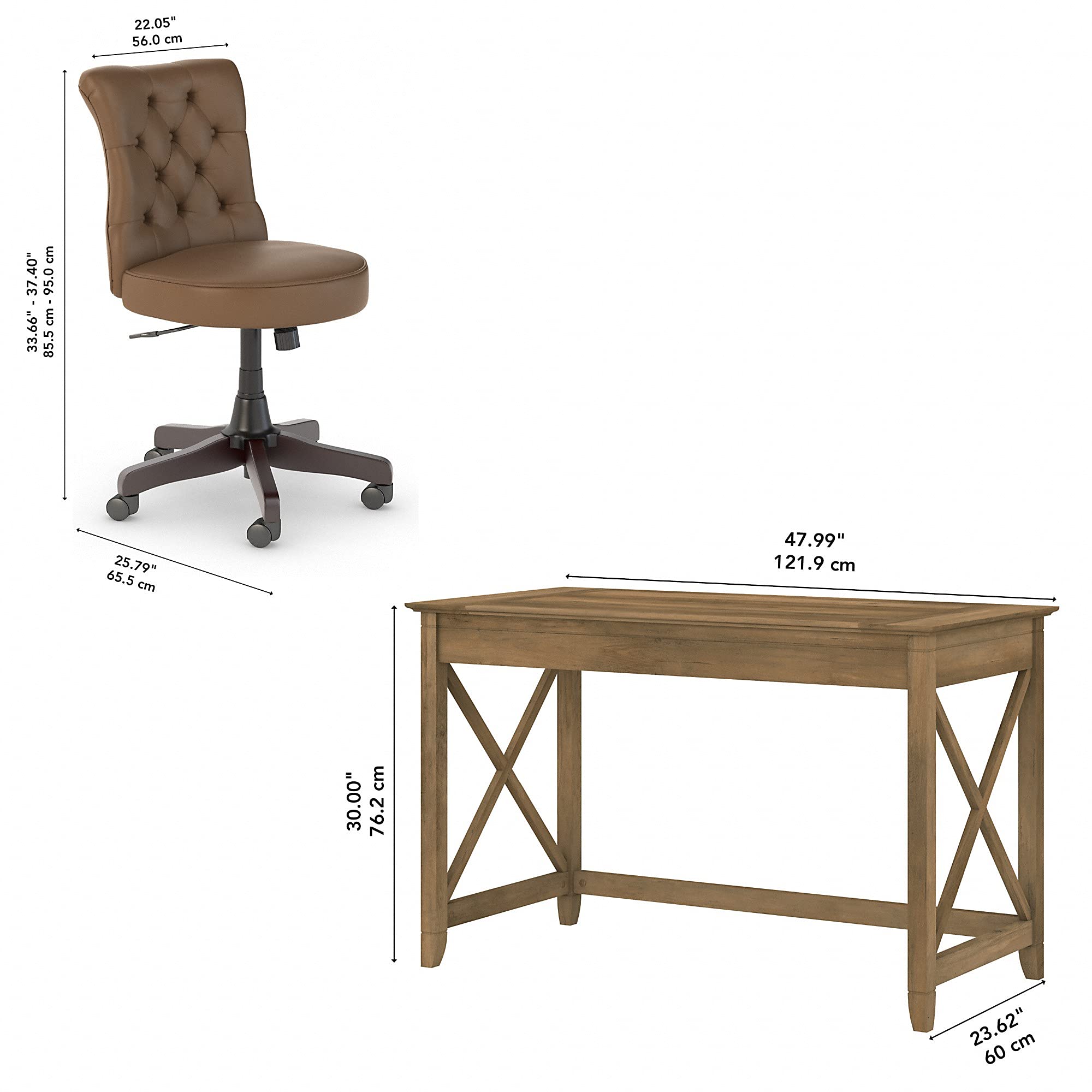 Bush Furniture Key West 48W Reclaimed Pine Writing Desk with Mid Back Tufted Office Chair - Perfect for Home Office, Study Room & Small Workspace
