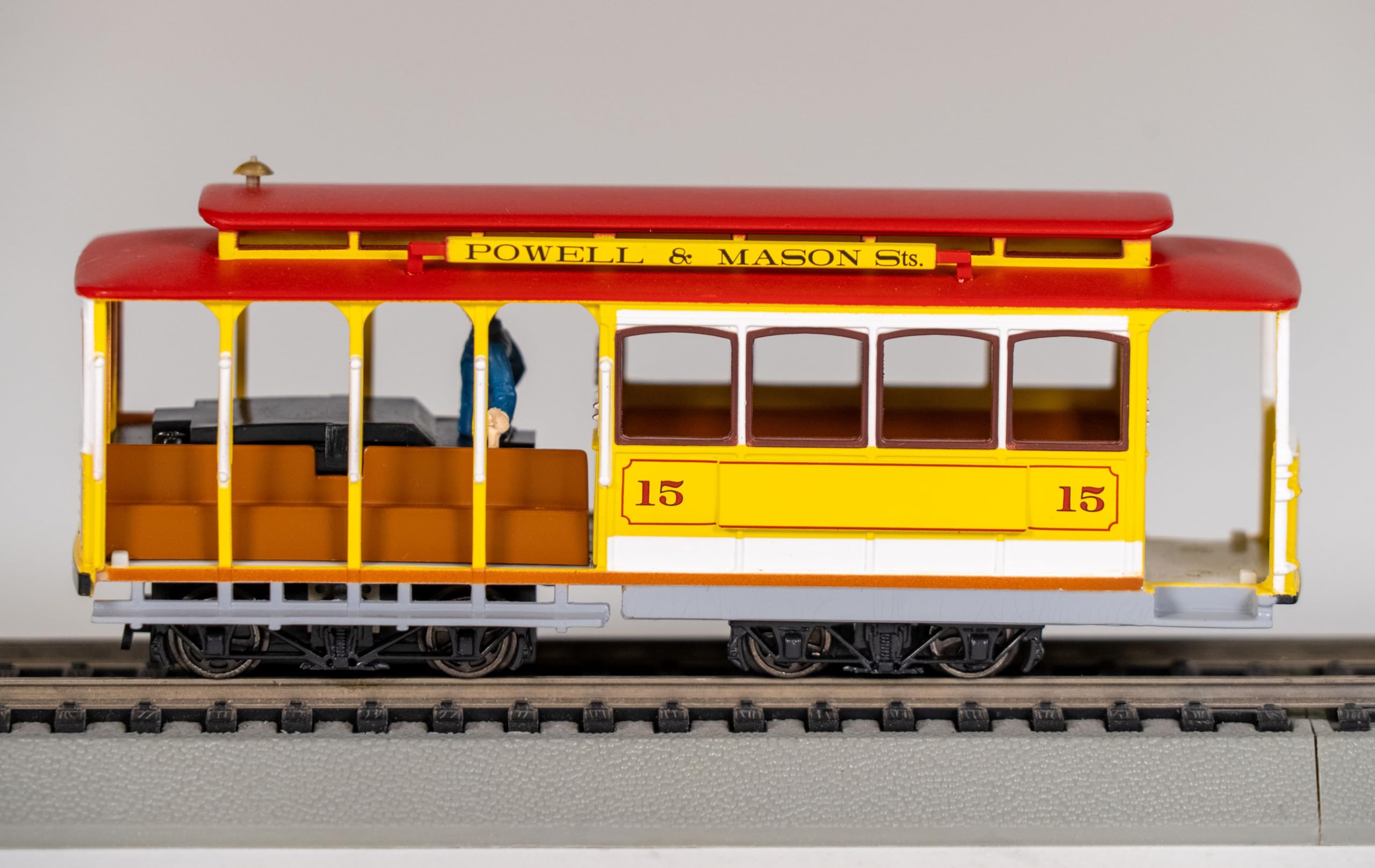 HO Scale Cable Car with Grip Man - Maroon & Tan Model Train - Perfect for Railroad Layouts, City Scenes & Vintage Transportation Displays