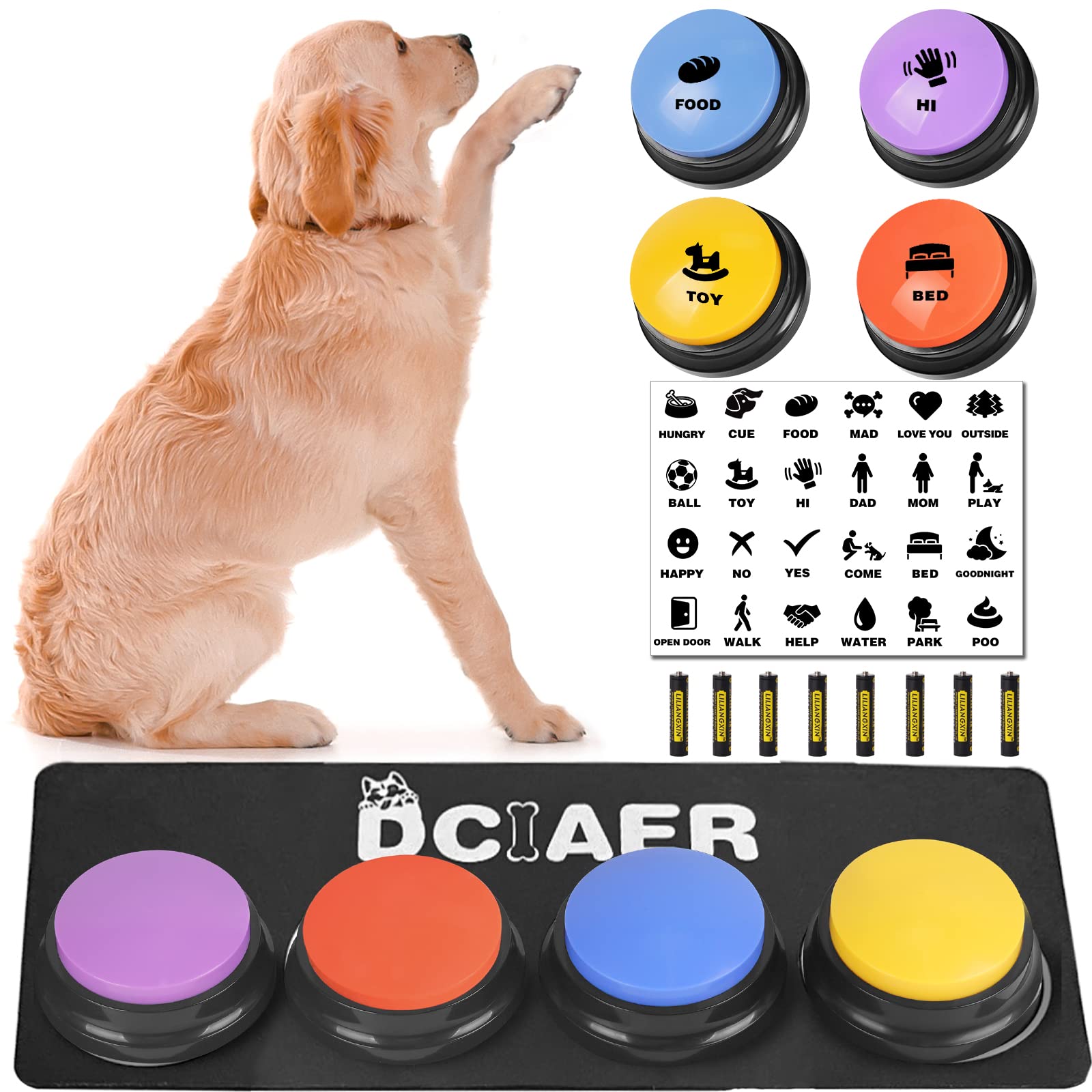 Dog Communication Buttons - 4 Recordable Sound Buttons with 24 Training Scenes & Non-Slip Mat for Pet Training | Includes 8 AAA Batteries | Perfect for Teaching Dogs to Talk & Express Needs