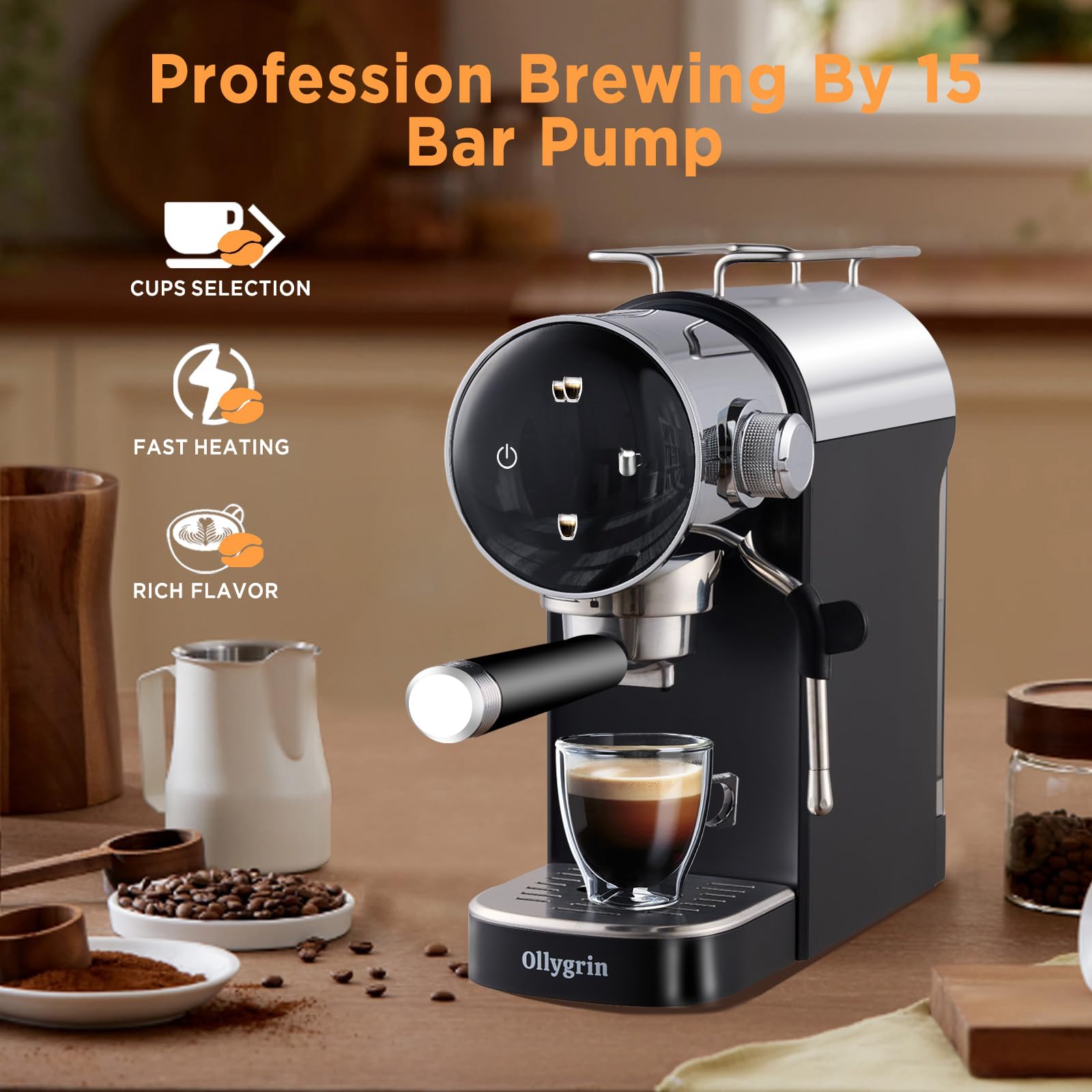 15 Bar Semi-Automatic Espresso Machine with Milk Frother - Touch Screen Stainless Steel Coffee Maker, 40oz Removable Water Tank - Perfect for Making Cappuccino, Latte & Americano at Home or Office