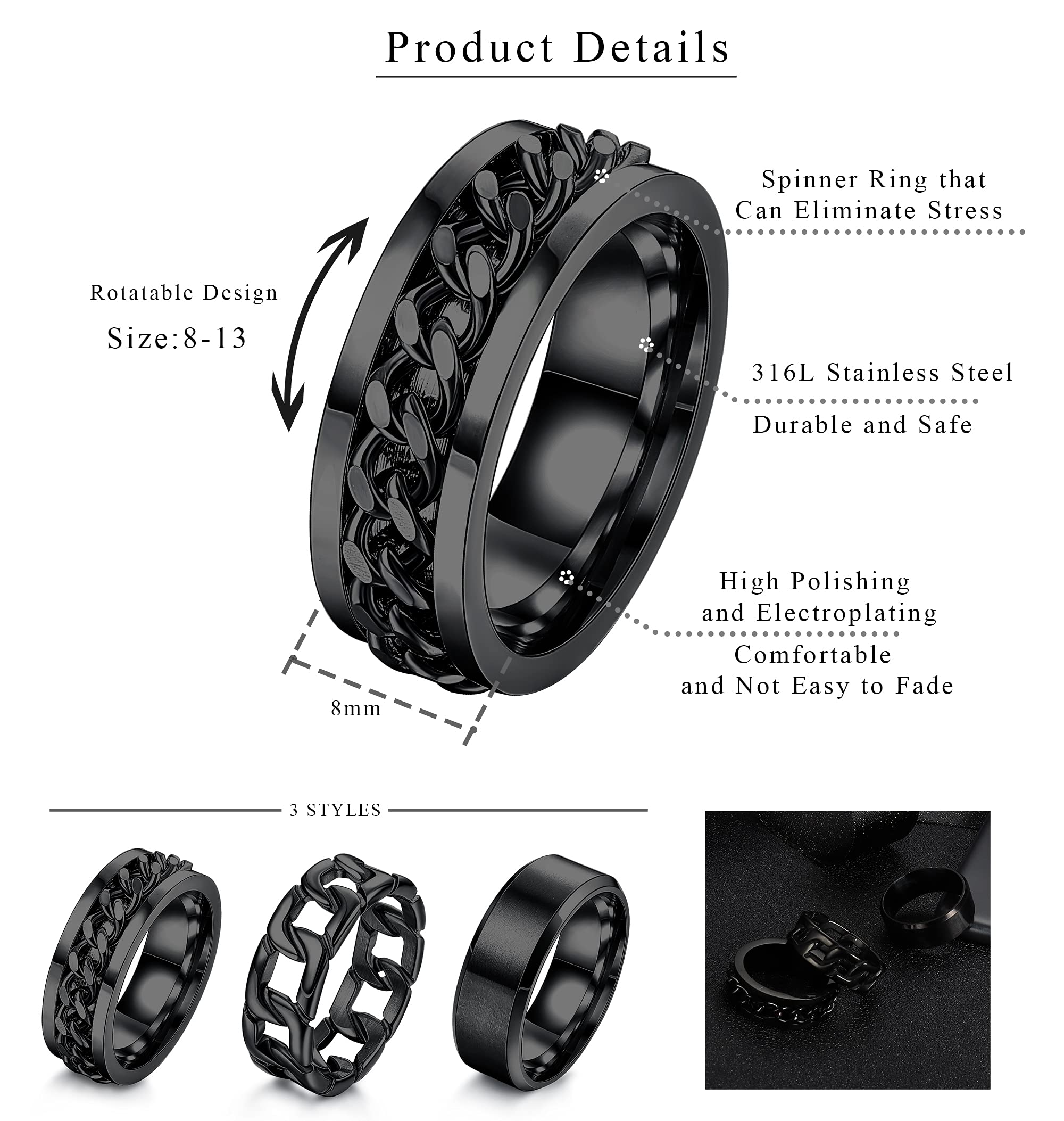 ORAZIO 3Pcs Stainless Steel Rings for Men & Women - Silver Plain Band, Cuban Link Chain & Spinner Ring Set - Size 6-14 - Wedding, Promise & Fashion Jewelry - Perfect for Gifts, Anniversaries & Everyday Wear