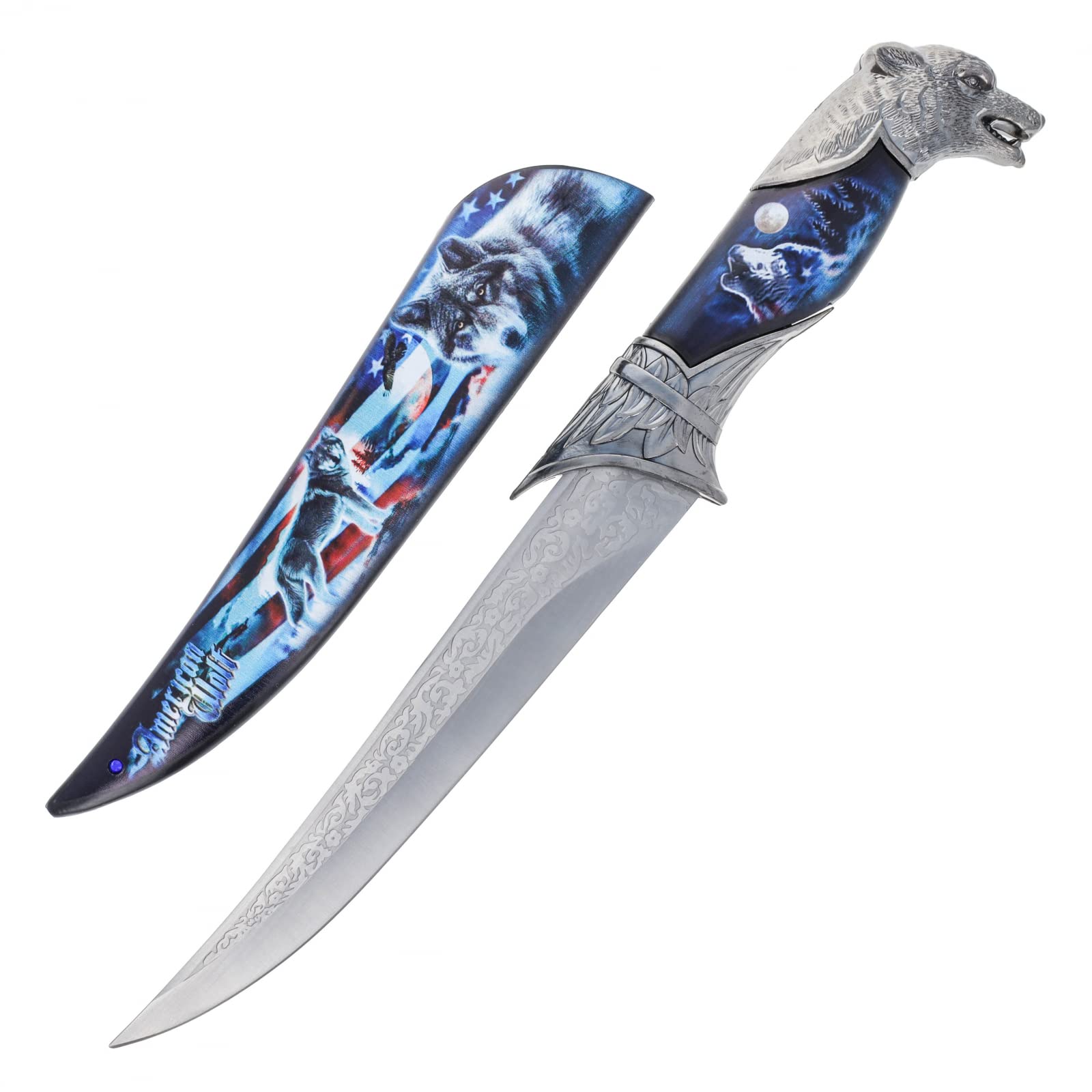 ASR Outdoor American Flag Fixed Blade Hunting Knife with Wolf Design - Tactical Survival Knife for Camping, Hunting, Bushcraft & Outdoor Adventures