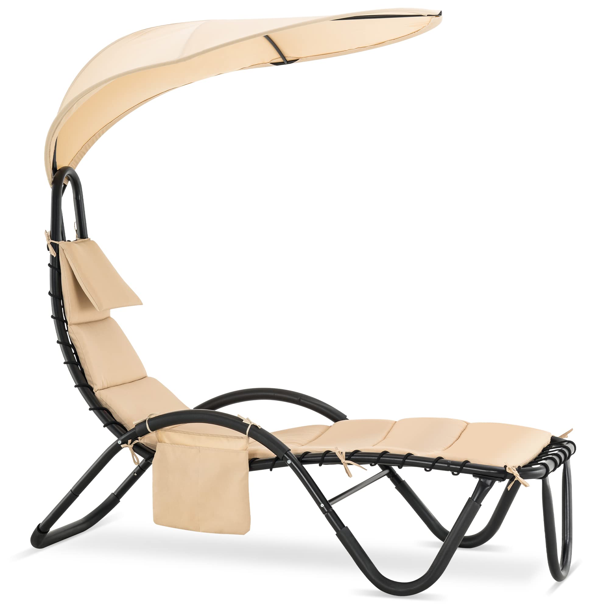 MCombo Outdoor Steel Chaise Lounge Chair with Removable Canopy & Cushions - Adjustable Reclining Patio Chair with Side Pocket & Arc Stand - Perfect for Beach, Poolside, Backyard, Balcony, Porch & Garden Relaxation (Beige)