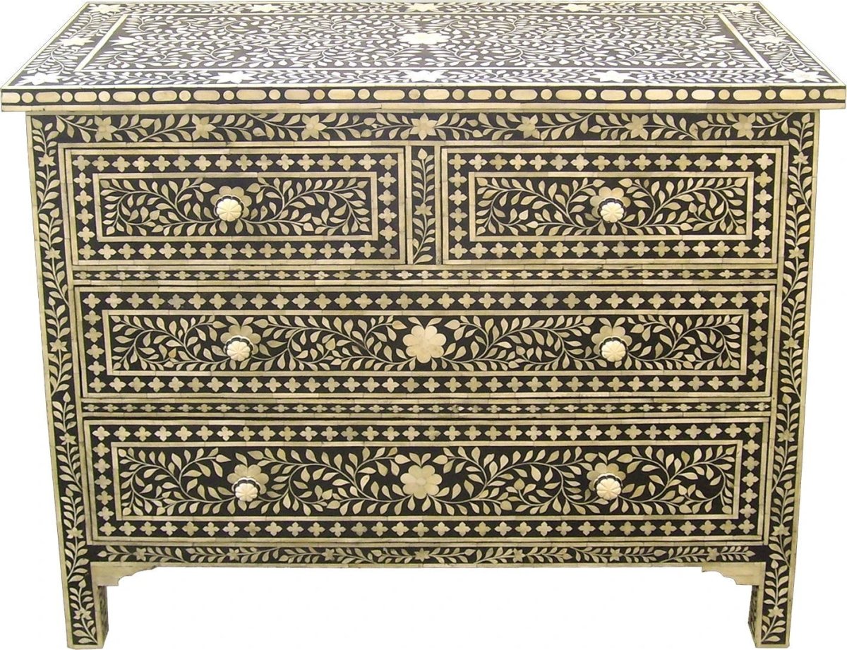 Handmade Bone Inlay Leaf Pattern Chest of Drawers - Vintage Style Bedroom Dresser with 5 Drawers for Clothes Storage | Perfect for Master Bedroom, Guest Room & Apartment Organization