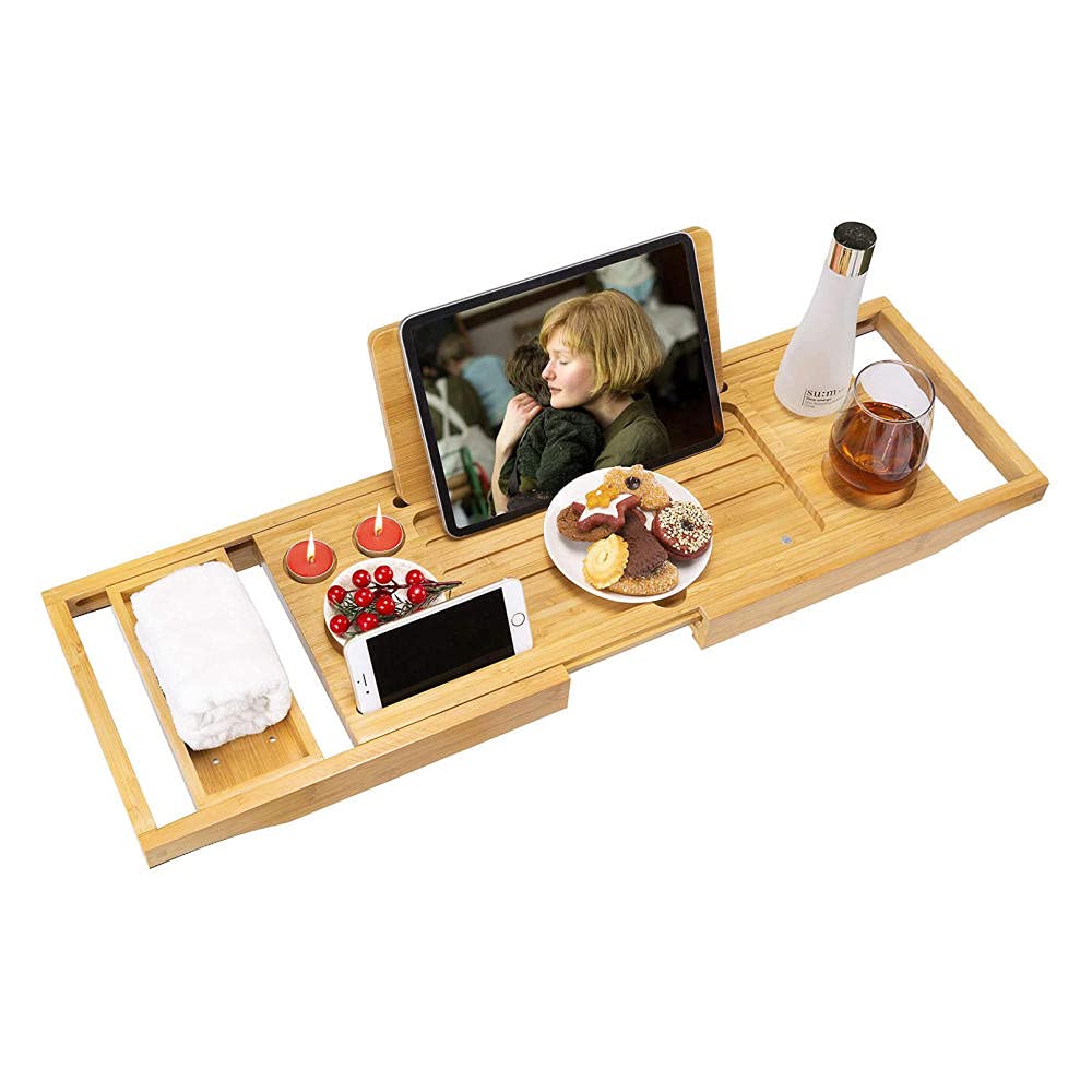 Expandable Bathtub Caddy Tray with Book Holder, Soap Dish & Wine Glass Holder - Durable, Non-Slip Bath Organizer - Perfect Gift for Relaxing Bath Time, Spa Days & Self-Care Moments