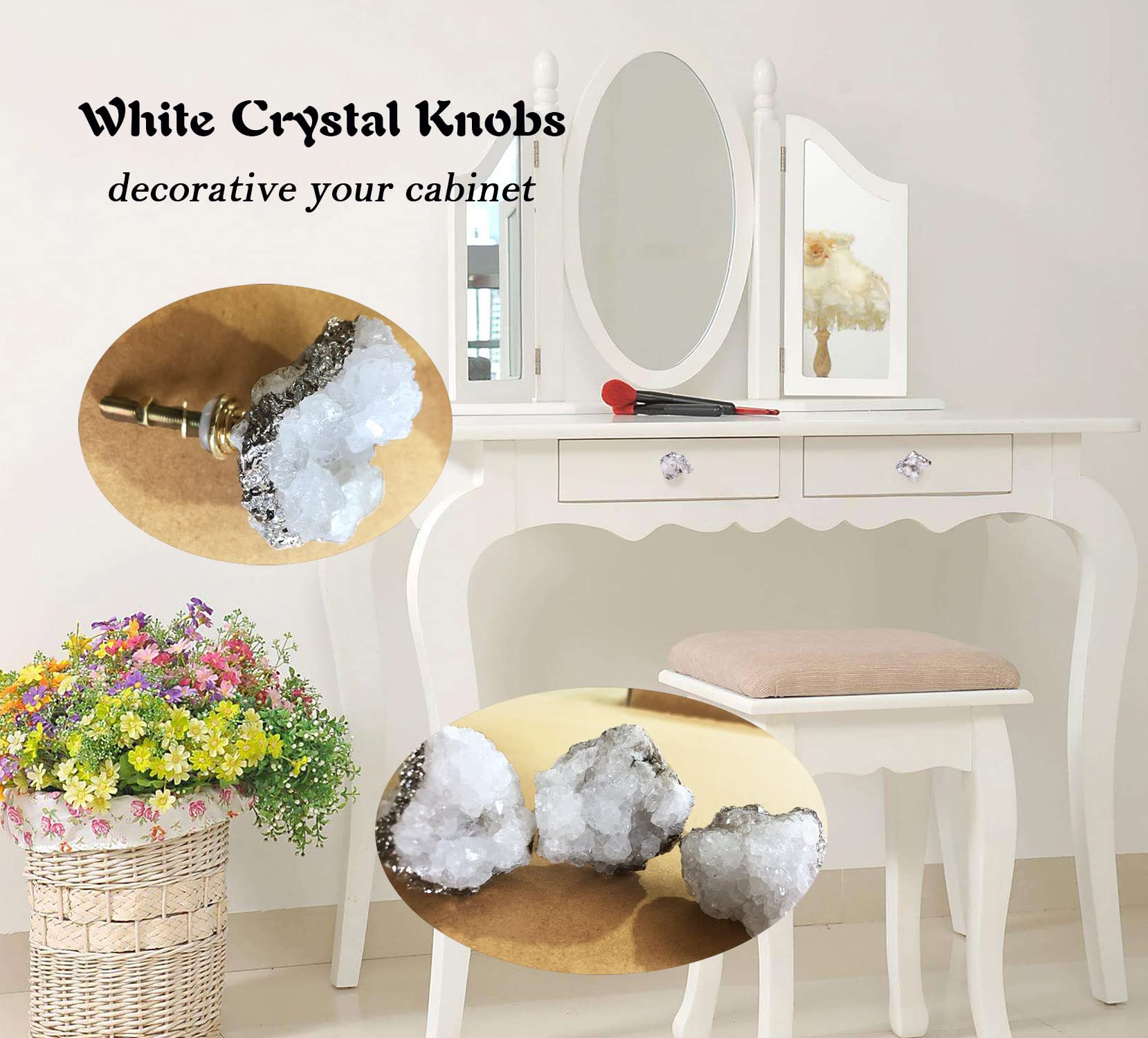 Natural White Crystal Geode Drawer Knobs - Silver-Plated Healing Stone Cabinet Handles for Dresser, Cupboard & Home Office Decor (Set of 4) - Perfect for Boho, Zen & Spiritual Space Decorating