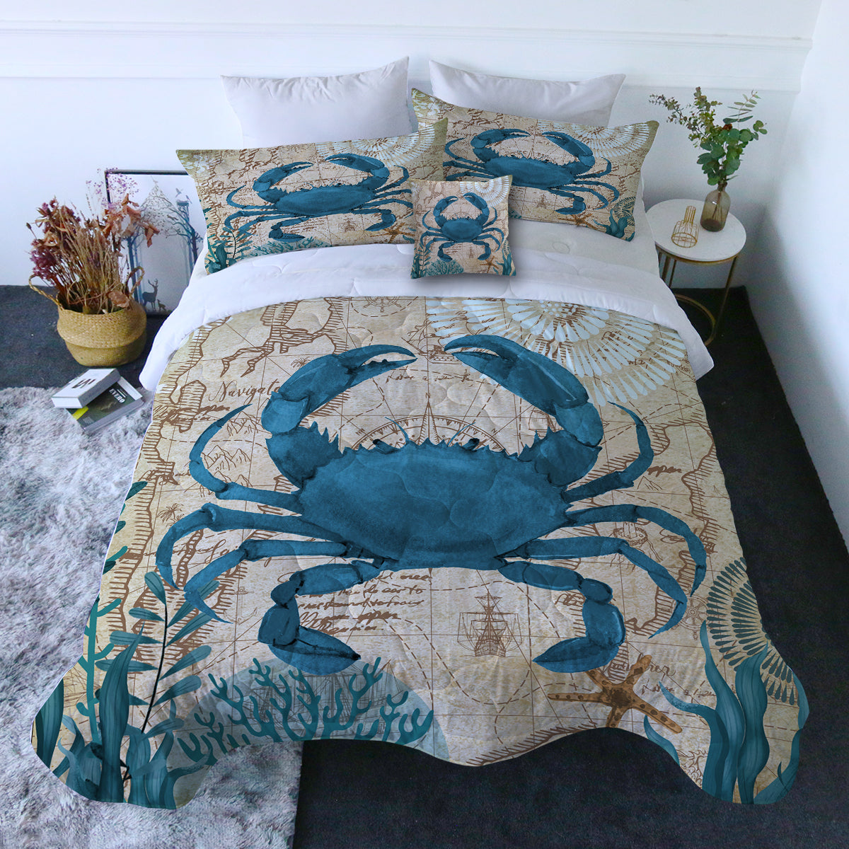 Crab Love Quilt Set - Soft King Size Bedding with Crab Print - Perfect for Coastal, Nautical & Beach Themed Bedrooms