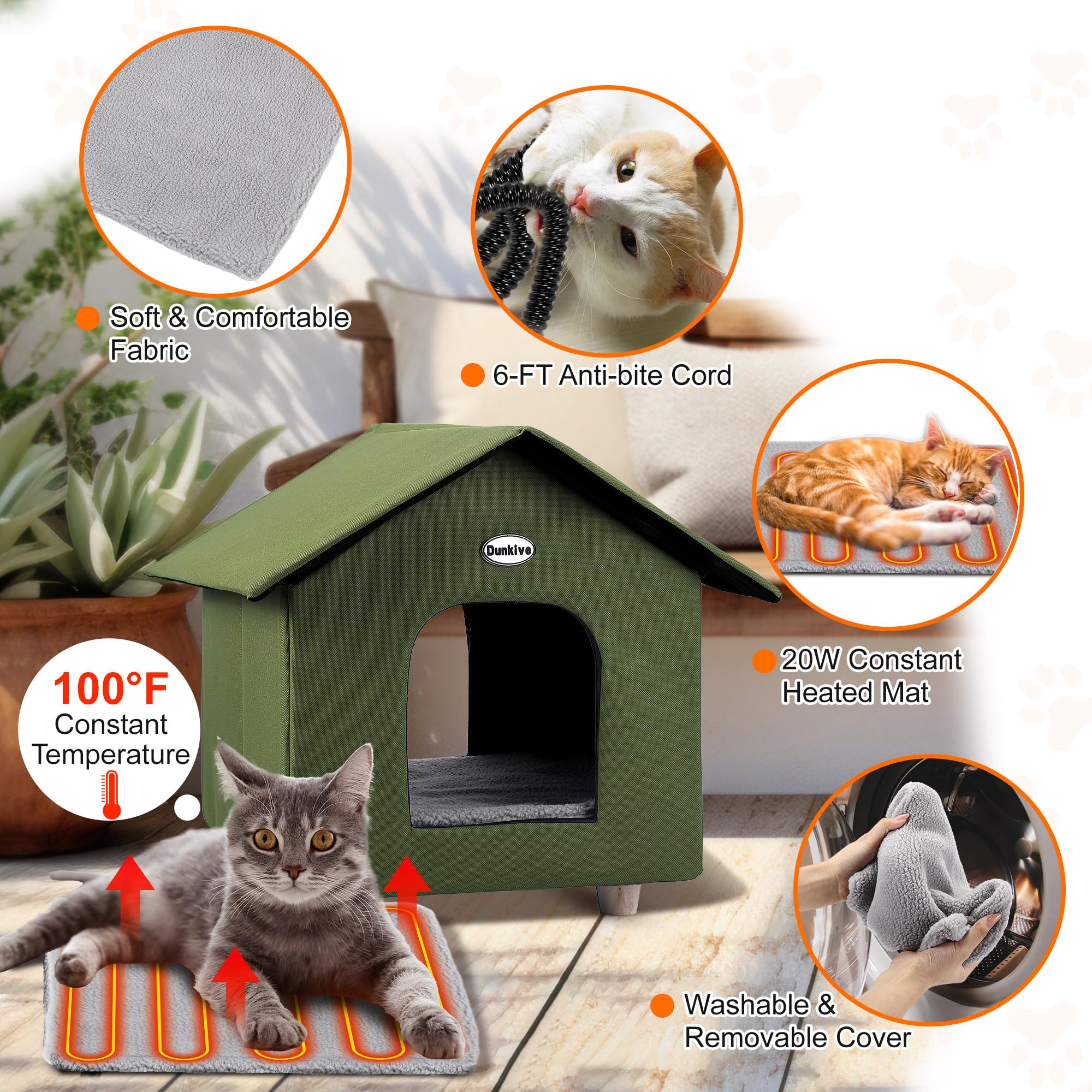 Heated Cat House - Weatherproof Outdoor Shelter with Heated Bed for Winter, Feral Cats & Small Pets - Green