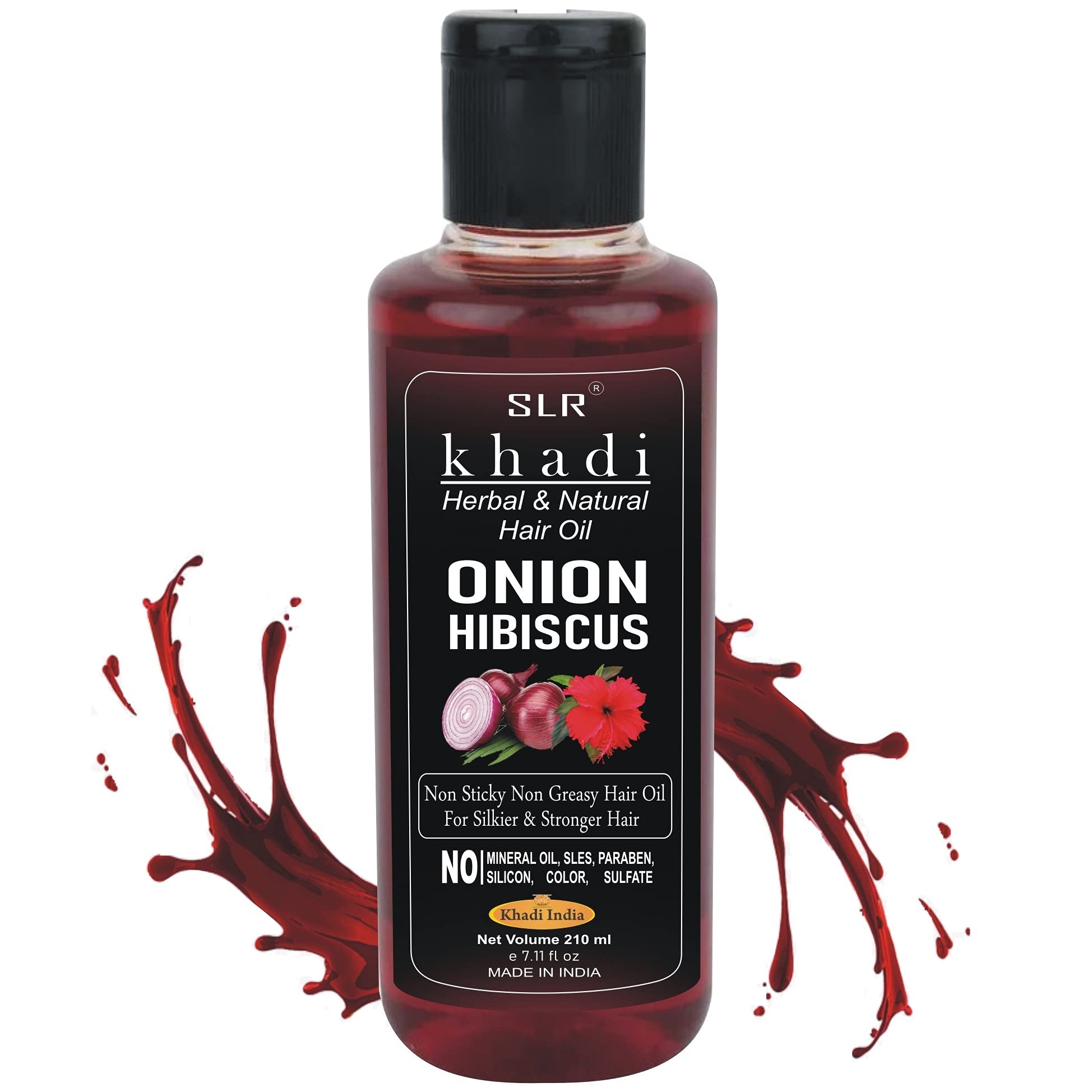 Khadi Hibiscus Onion Hair Oil for Hair Growth & Anti-Dandruff Treatment - 100% Natural, No Mineral Oil or Parabens - 210ml (Pack of 1) for Men & Women - Promotes Thicker, Healthier Hair for Daily Hair Care & Scalp Nourishment