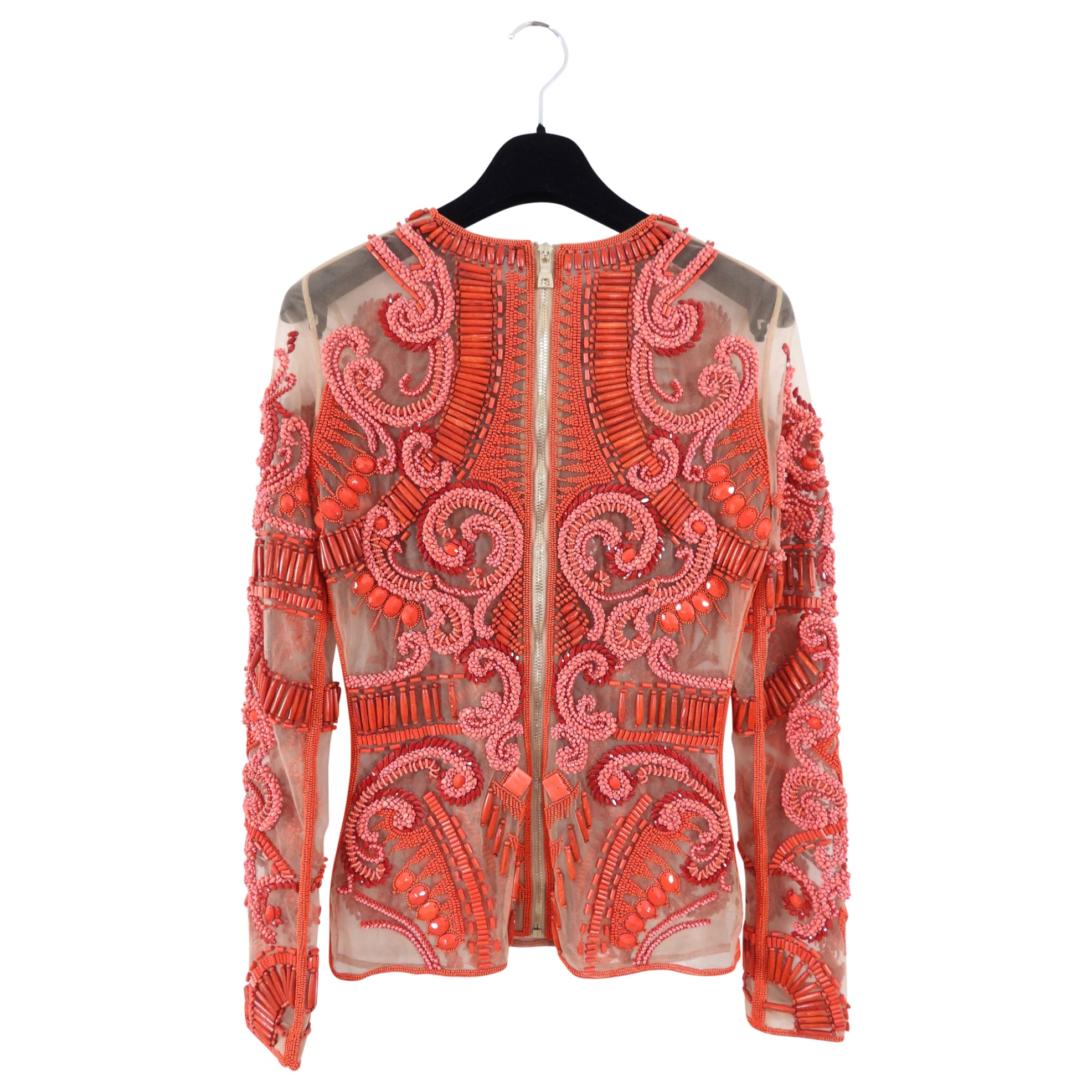 Balmain Red Glass and Wood Beaded Top for Women - Size FR36 / S - Perfect for Evening Parties, Date Nights, and Special Occasions