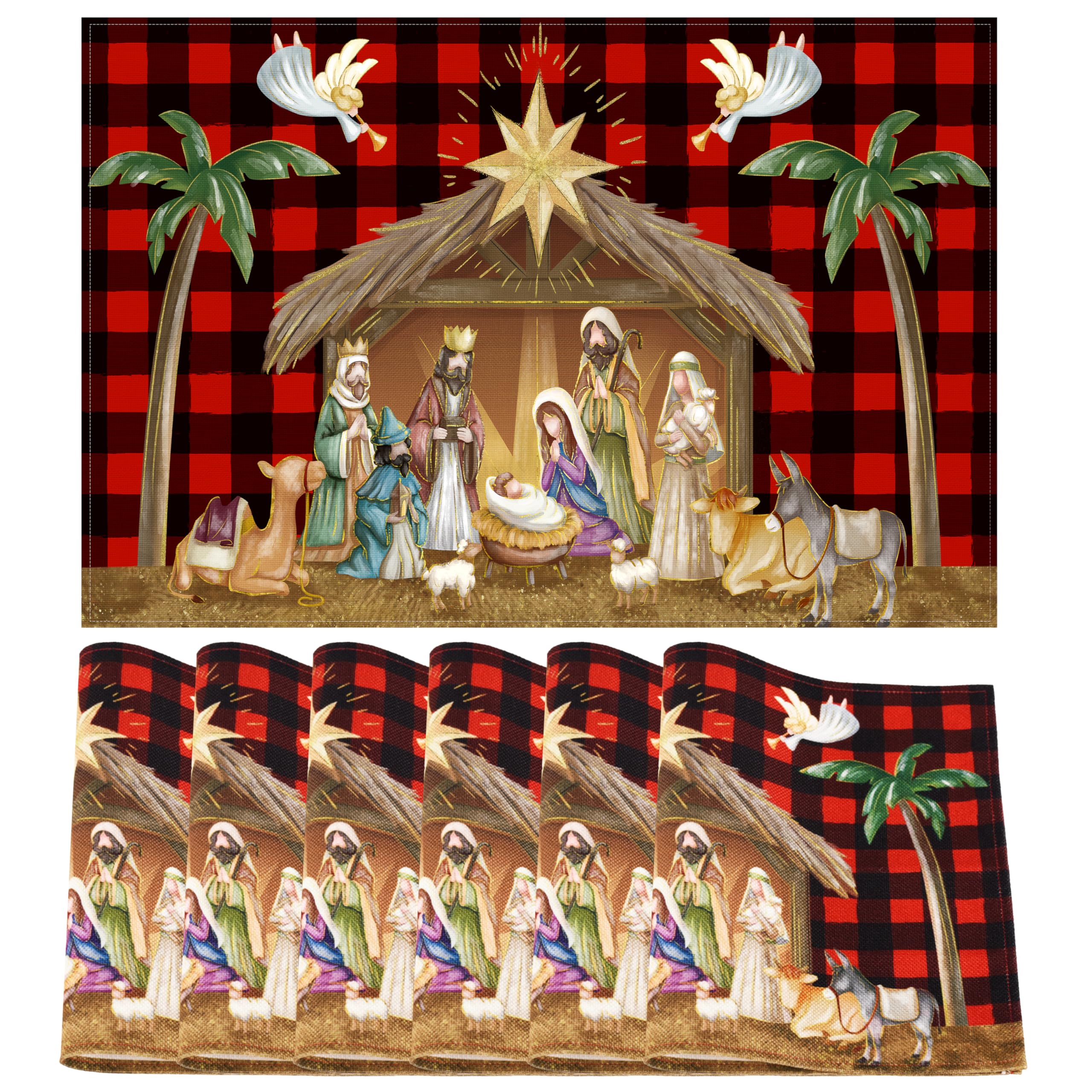 6-Pack Christmas Placemats Set - Nativity Scene Holiday Dining Table Mats, Washable Linen Xmas Decor (12x18 Inch) - Perfect for Christmas Dinner, Holiday Parties & Festive Home Decor
