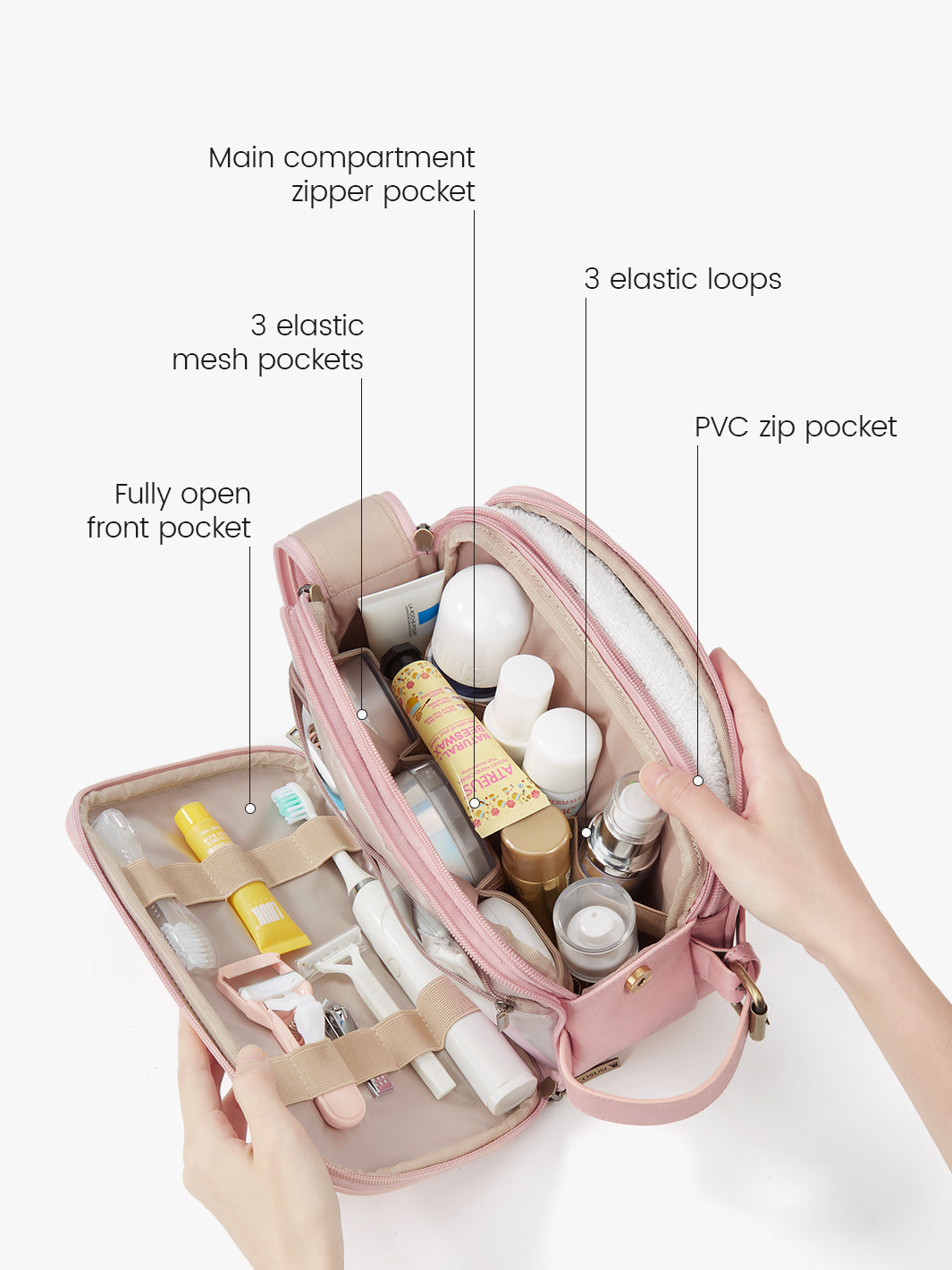 Elena Large Vegan Leather Toiletry Bag for Women | Waterproof Makeup Cosmetic Travel Organizer | Perfect for Gym, Vacation & Business Trips