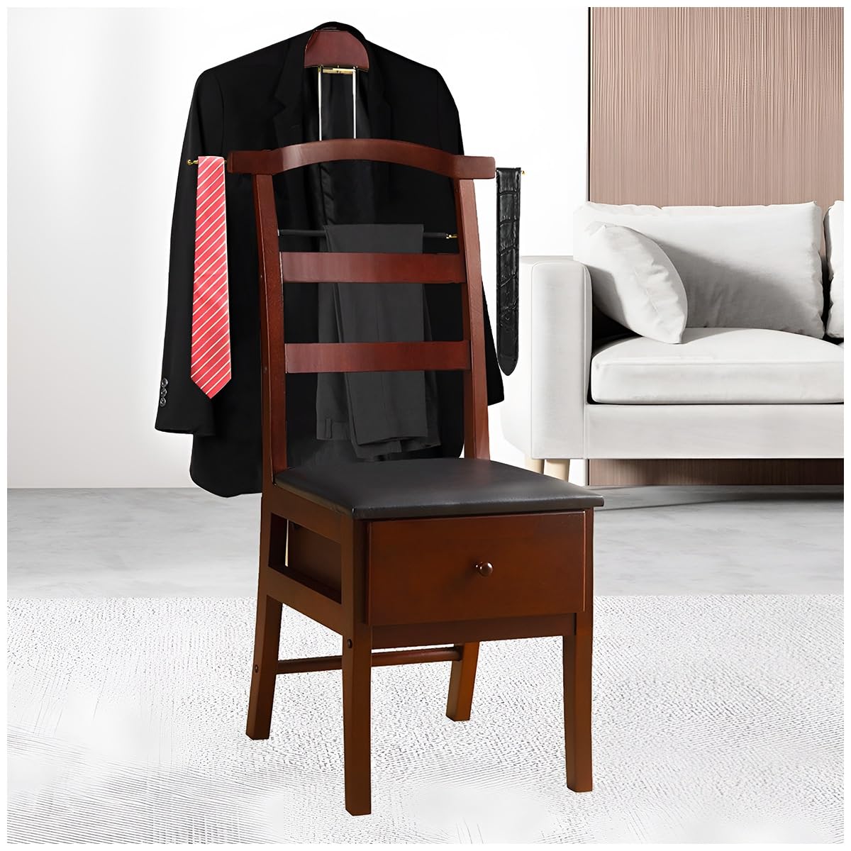 Premium Wooden Valet Stand with Drawer - Suit Valet Stand for Men & Women, Freestanding Closet Organizer with Trouser Bar & Tie Bar - Perfect for Bedroom, Closet & Dressing Room Organization