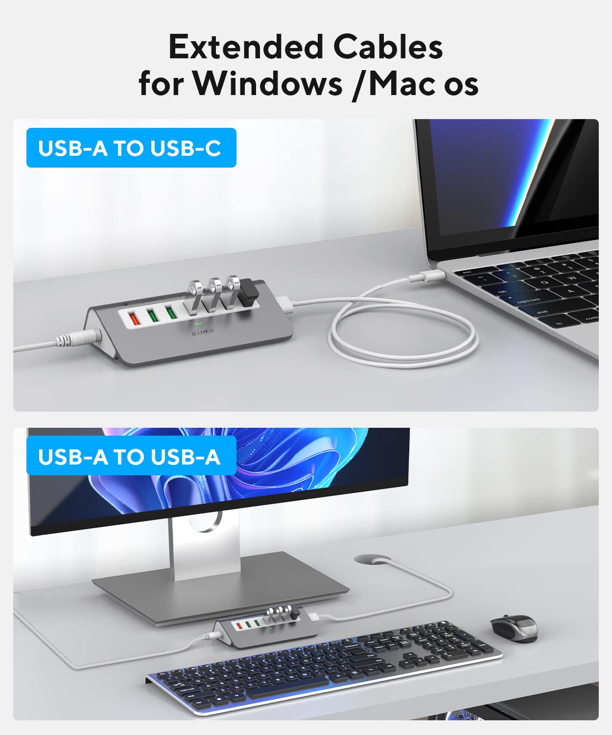7-Port USB 3.2 Hub 10Gbps with 4×USB 3.2 Data Ports & 3×Fast Charging Ports - 36W Power Adapter & 2×3.3ft USB Cables - Aluminum Powered USB Splitter for Laptop, PC, MacBook - Perfect for Home Office, Gaming & Multi-Device Charging