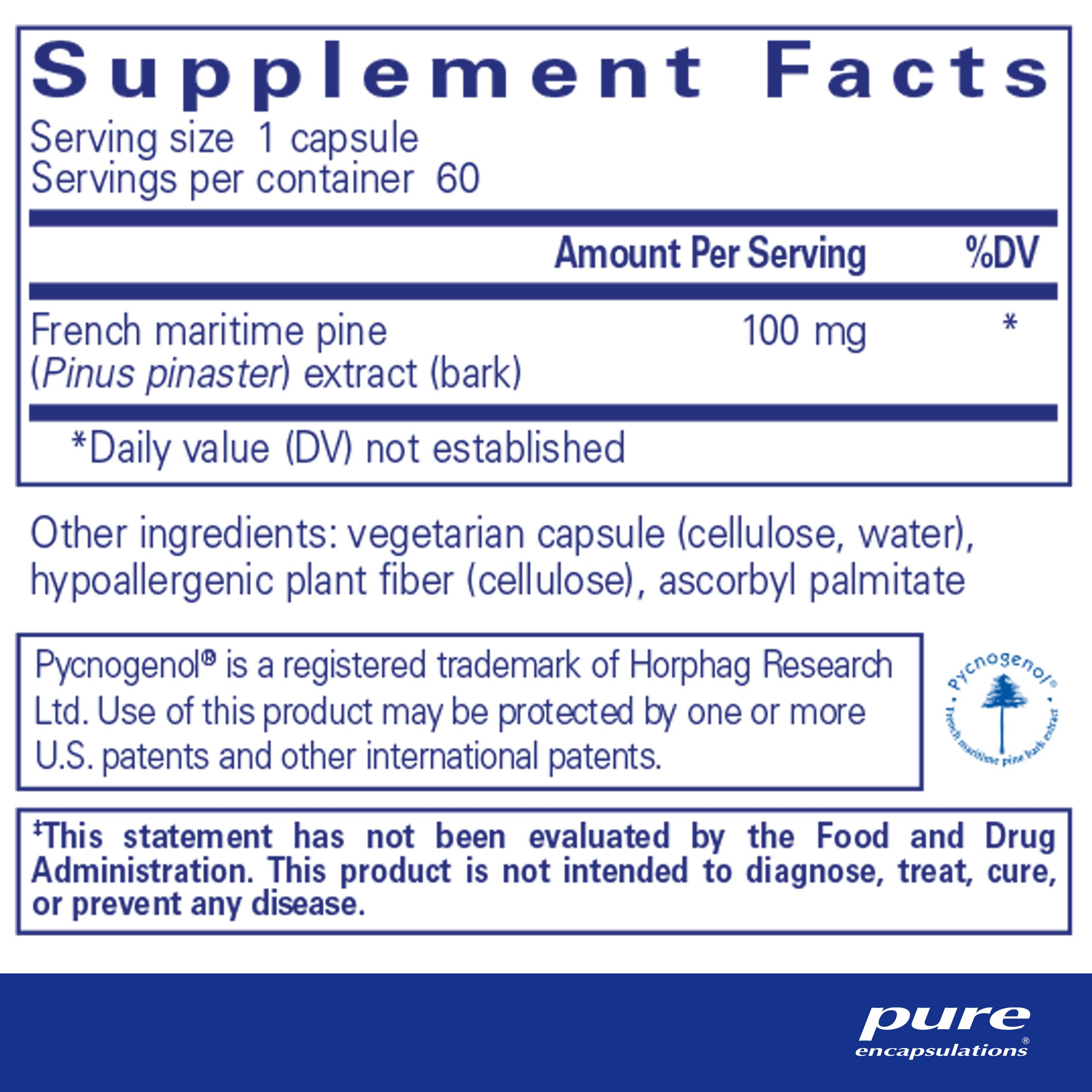 Pure Encapsulations Pycnogenol 100mg | Hypoallergenic Antioxidant Supplement for Vascular Health & Circulation Support | 60 Veggie Capsules | Supports Heart Health, Skin Elasticity & Cognitive Function | Perfect for Active Lifestyles & Healthy Aging