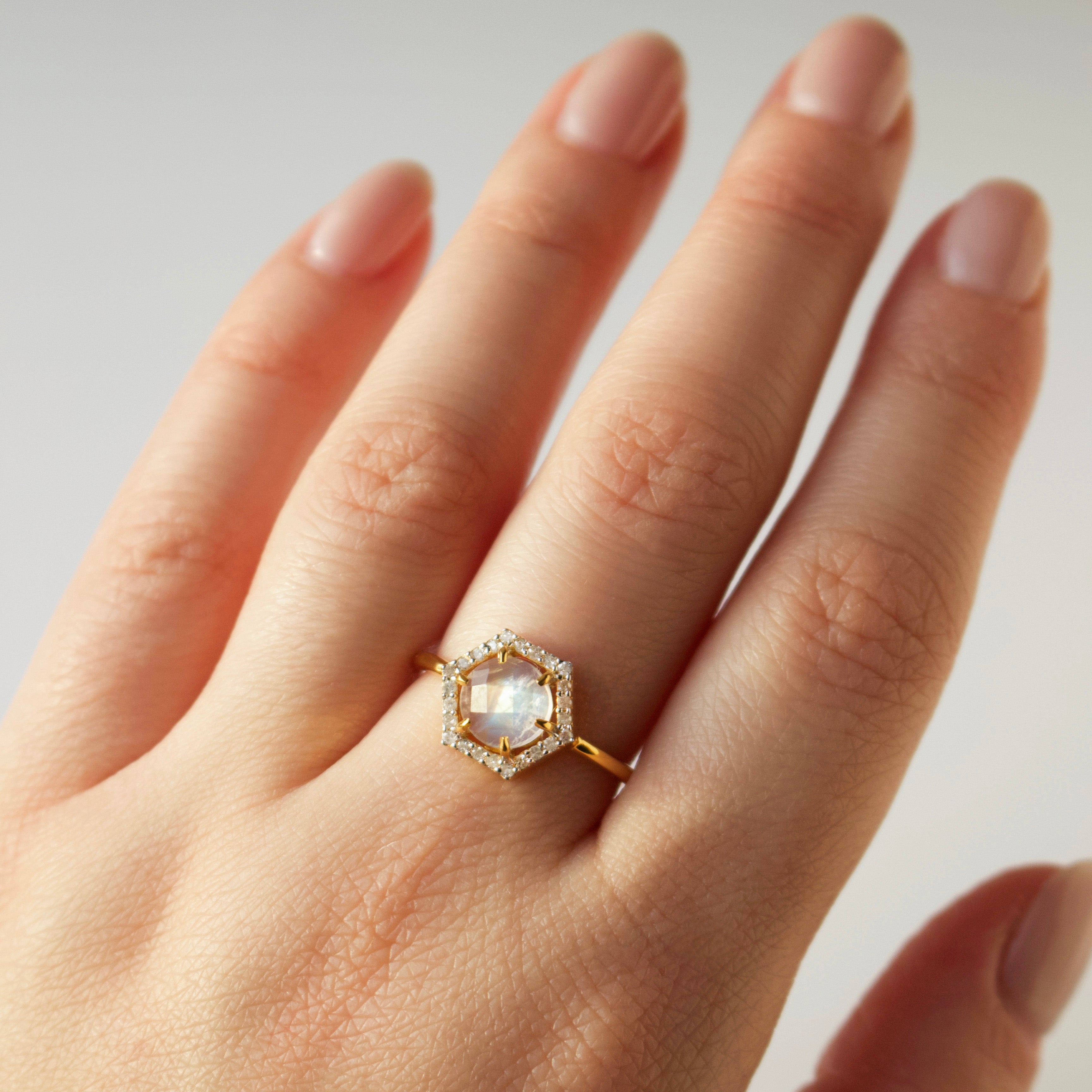 Moonstone & Diamond Hexagon Ring for Women - Elegant Vintage Jewelry for Engagement, Wedding, and Special Occasions