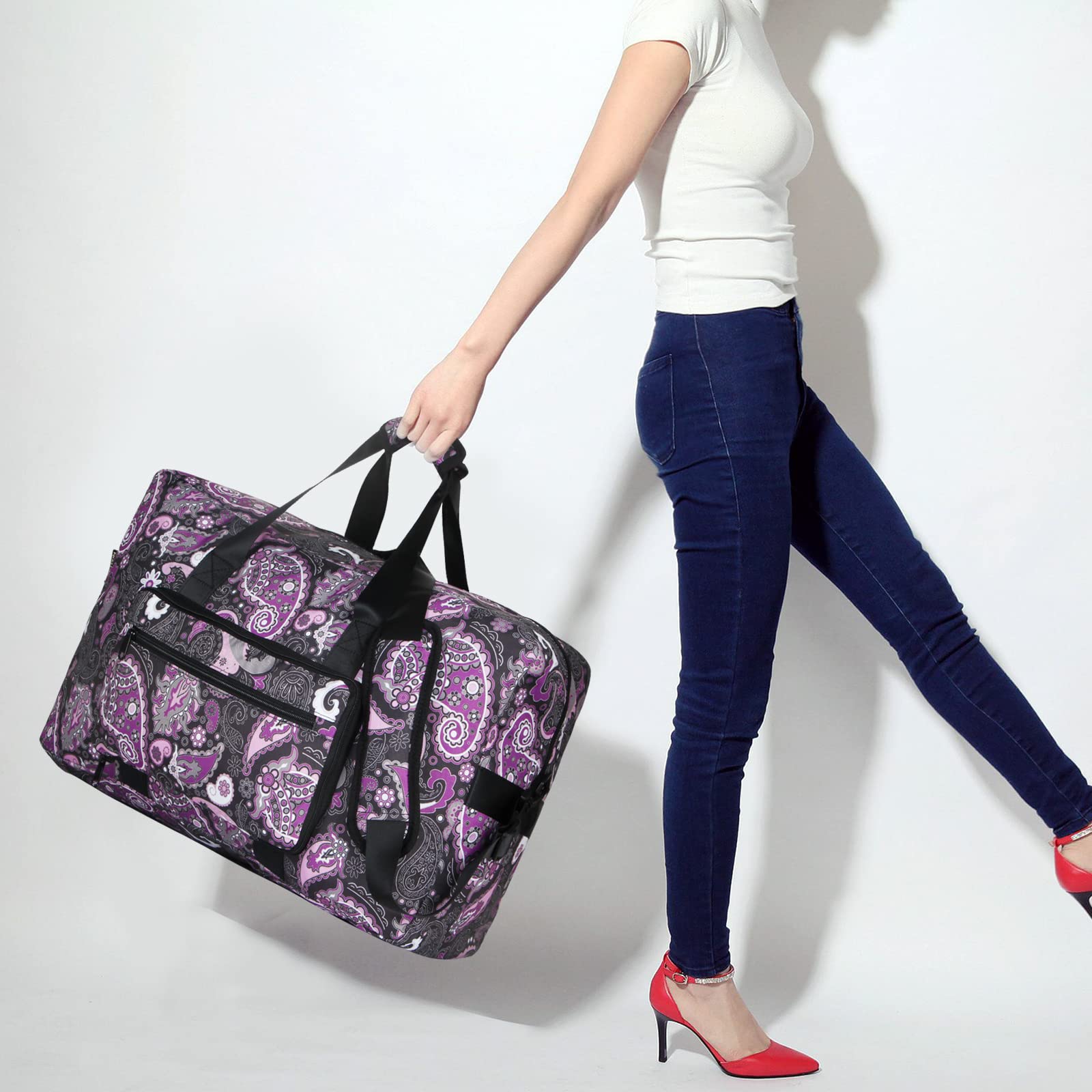F.FETIVIN Women's Weekender Bag - Medium Carry On Travel Duffle Overnight Bag with Paisley Pattern (Purple) - Perfect for Weekend Getaways, Gym, Business Trips & Airplane Travel