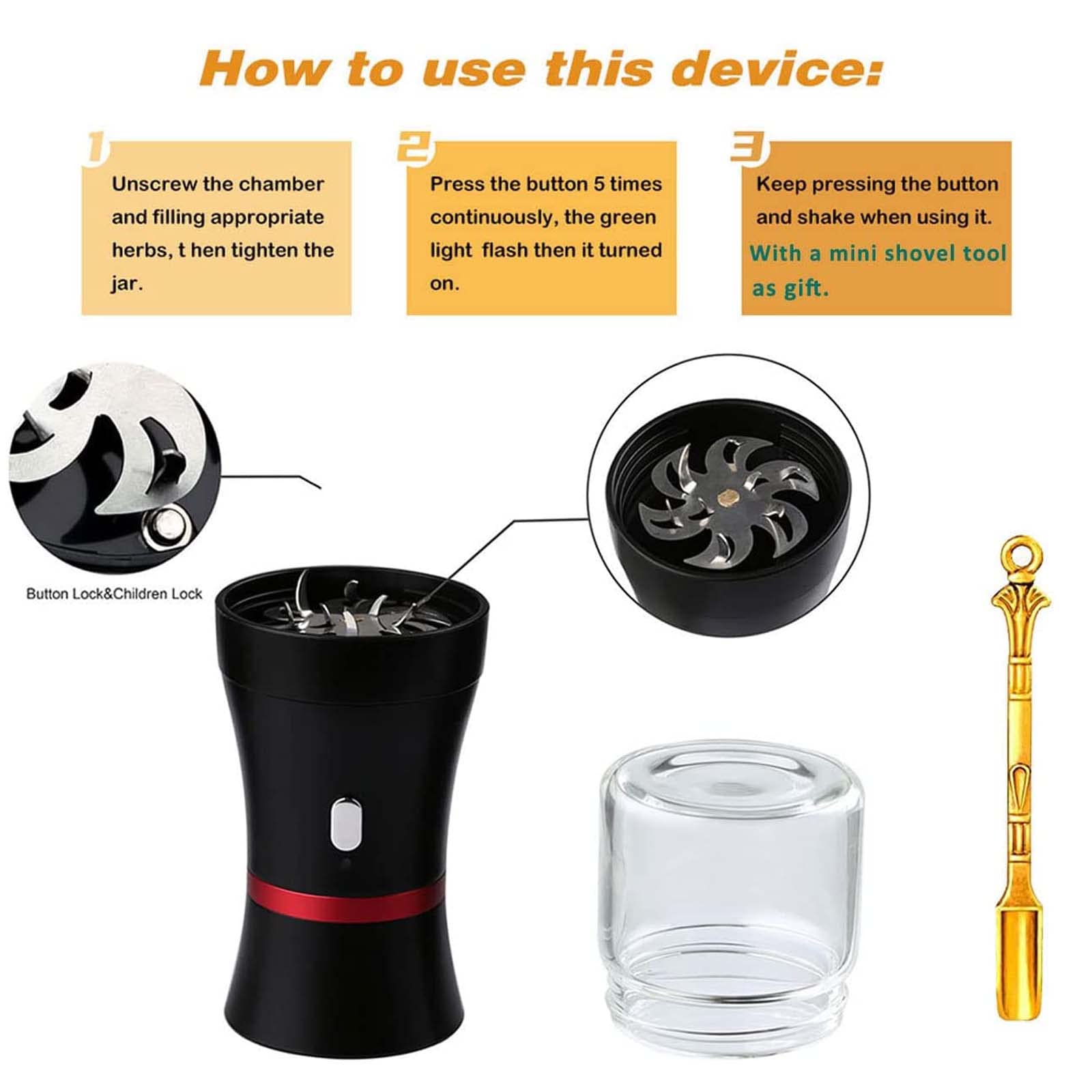 Premium Electric Herb Grinder - 1100mAh Rechargeable Dry Herb & Spice Grinder with 2 x 50ml Storage Jars & Mini Scoop - Perfect for Cooking, Baking & Herbal Preparation