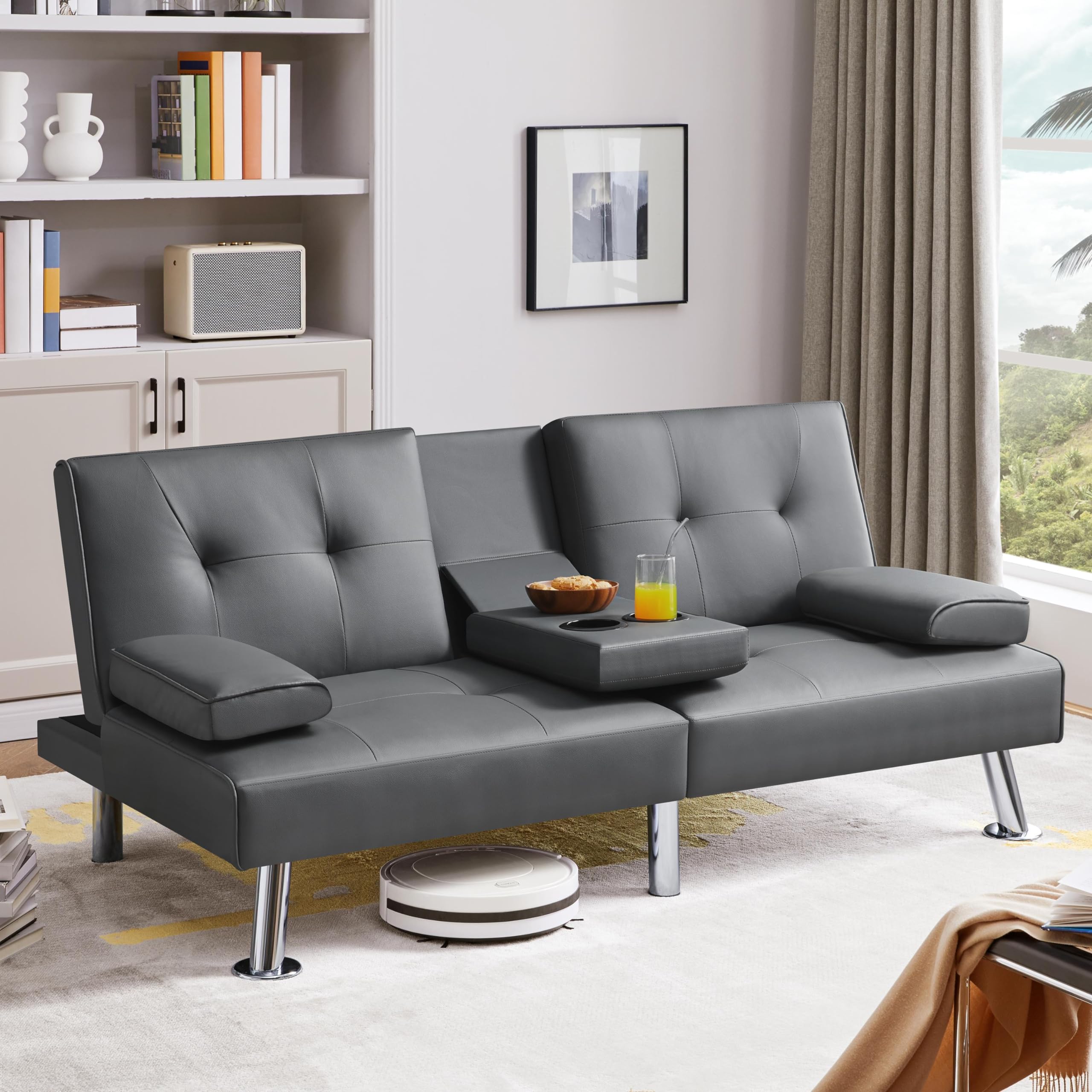 Yaheetech Convertible Sofa Bed - Adjustable Folding Couch Sleeper with Removable Armrests & Cup Holders, 3 Reclining Angles, 772lb Weight Capacity, Modern Faux Leather Loveseat for Living Room, Guest Room & Small Spaces (Gray) - Perfect for Apartments, Dorms and Home Offices