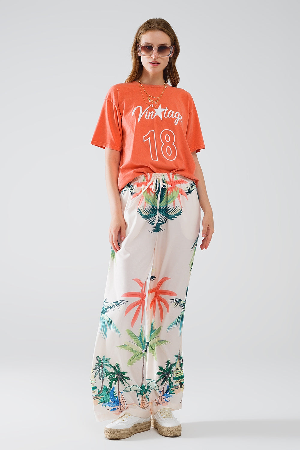 Women's Cream Beach Print Elastic Waist Straight Leg Pants - Perfect for Summer Vacations, Casual Outings, and Beach Getaways