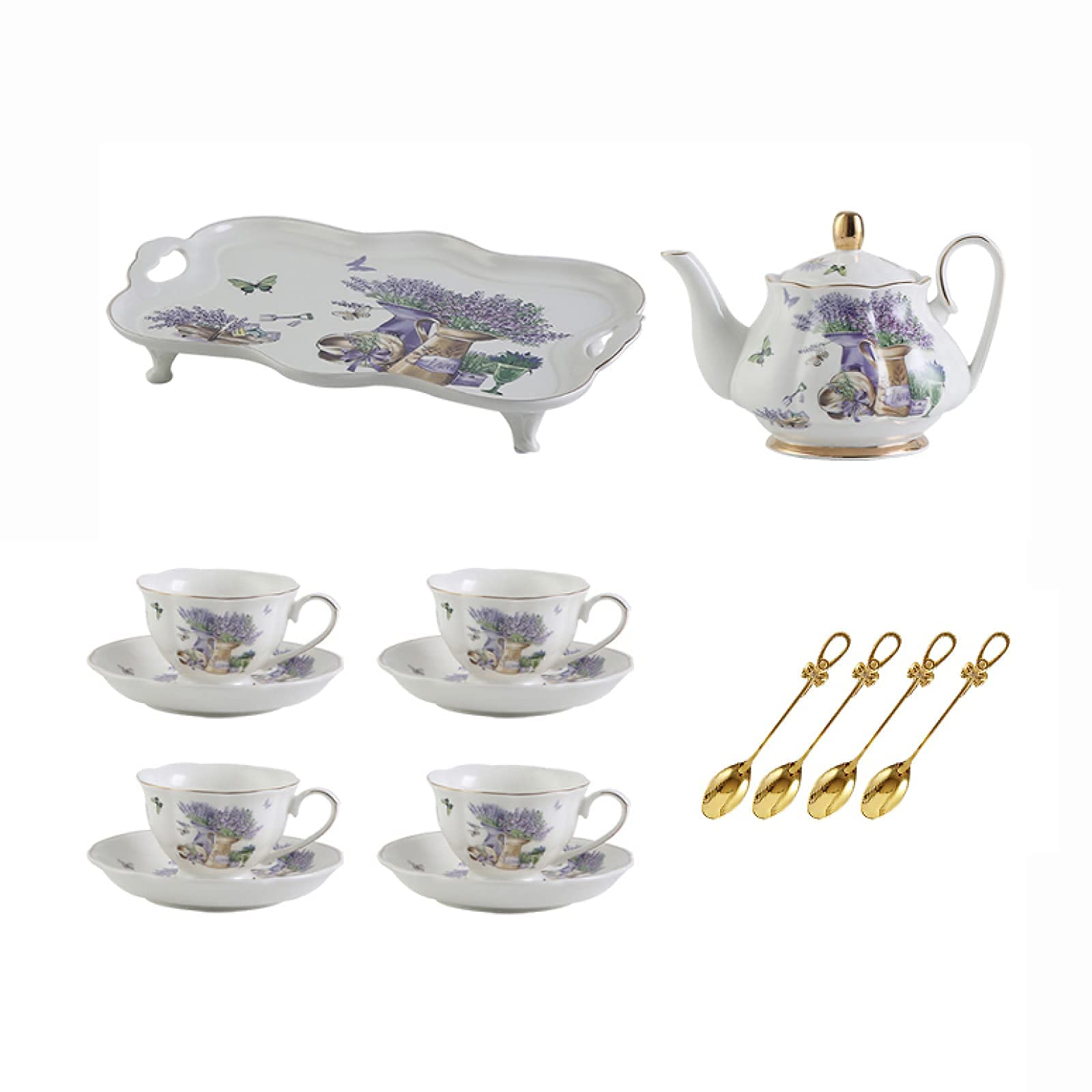 Vintage Porcelain Tea Set for 4 - Floral Lavender Tea Cups with Saucers, Coffee Service Set for Home, Gift & Afternoon Tea Party