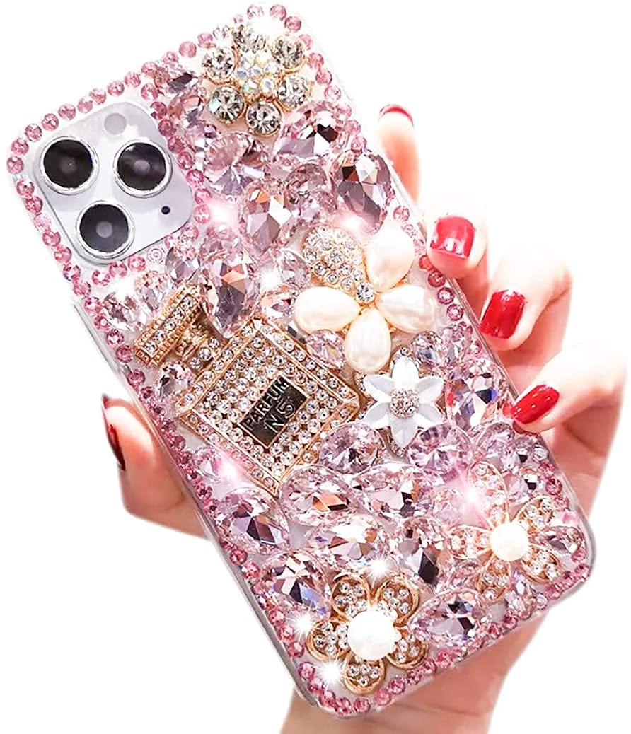 Luxury Bling Diamond Rhinestone iPhone 12 Pro Max Case - Sparkling 3D Gemstone Perfume Bottle & Flower Design Soft TPU Back Cover for Women (6.7 Inch) - Perfect for Parties, Weddings & Special Occasions