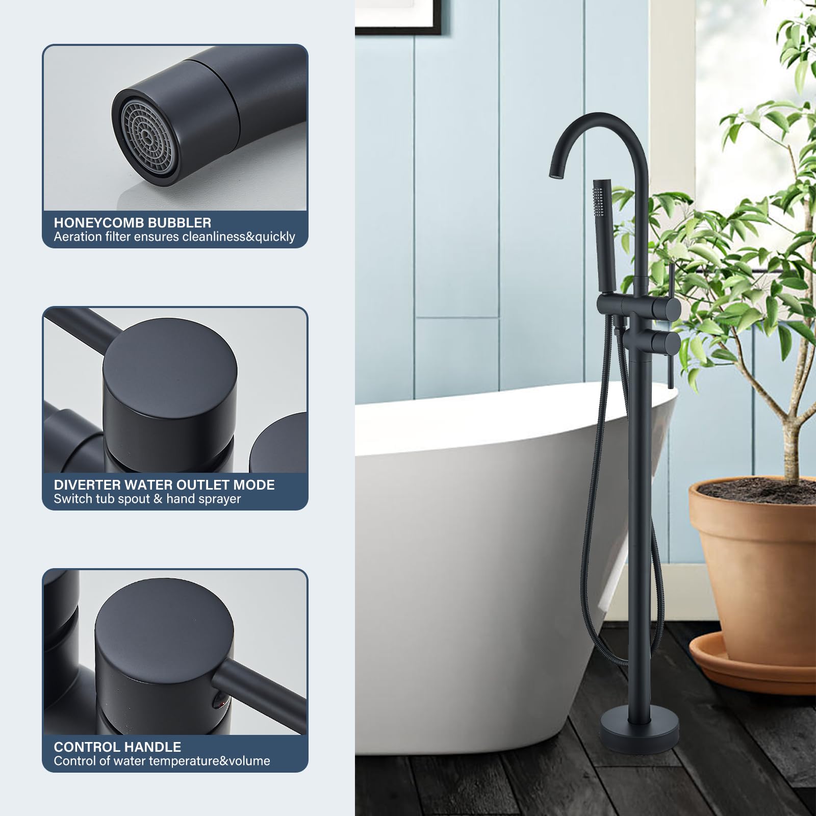 NeierThodore Matte Black Freestanding Bathtub Faucet - Floor Mount Tub Filler with 2 Handles & Hand Shower Sprayer - Modern Bathtub Shower Mixer Tap for Luxury Bathroom & Spa Experience