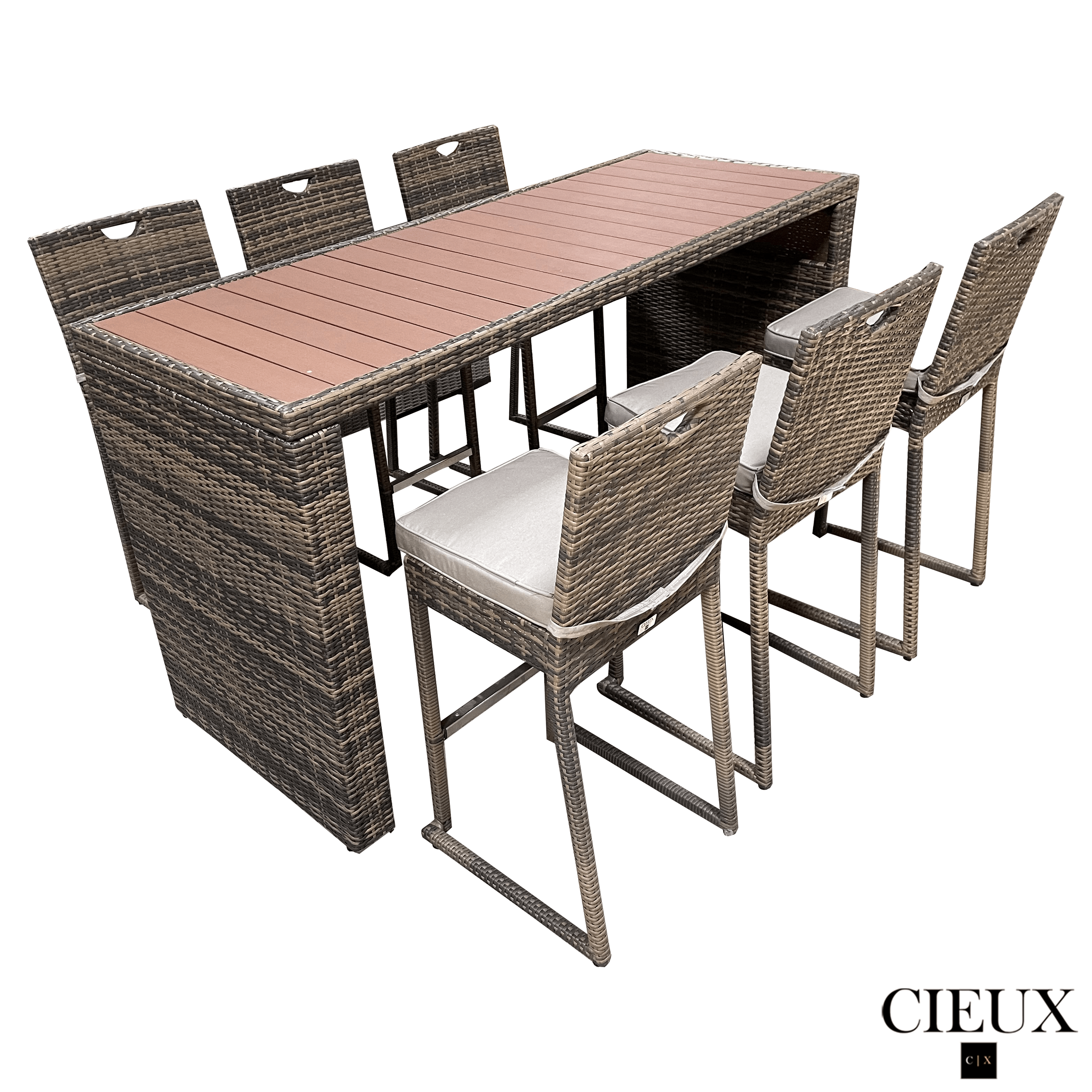 Brown Valence Outdoor Patio Wicker Bar Table and 6 Chairs Set with Sunbrella Canvas Taupe Cushions - Perfect for Backyard, Poolside, and Garden Entertaining