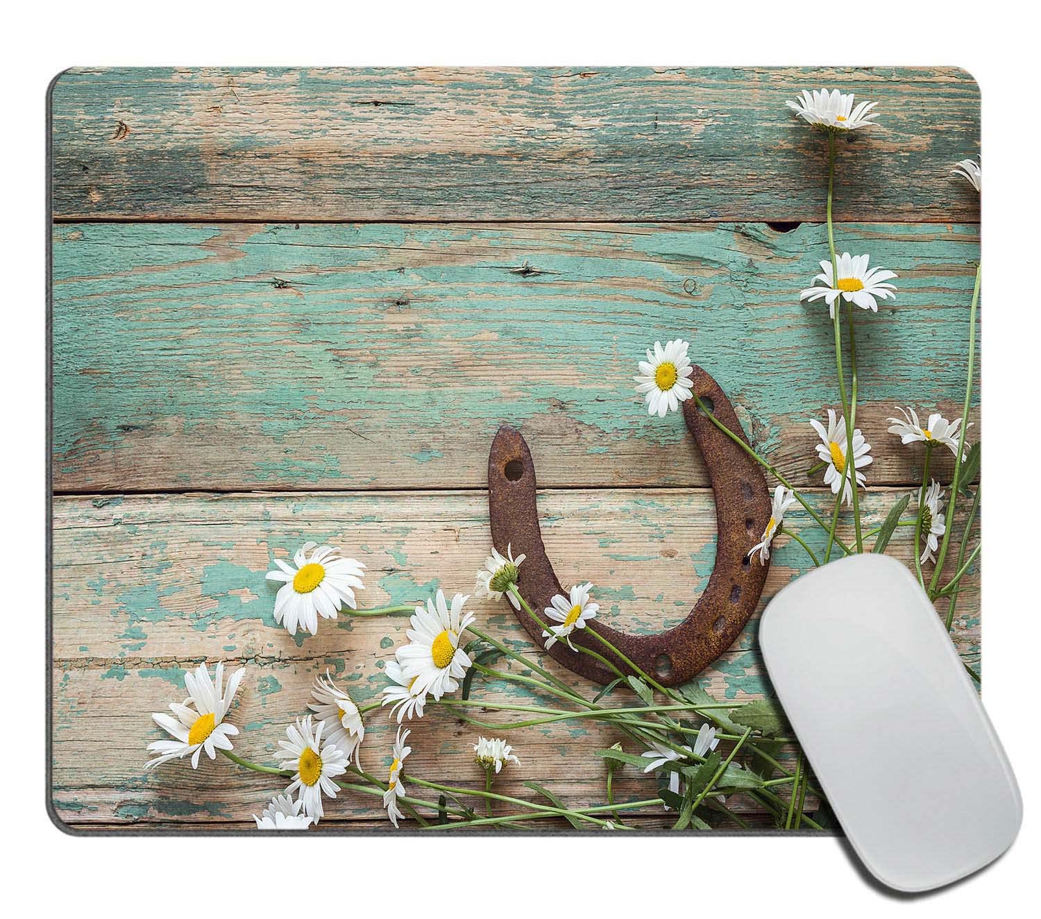 Teal Rustic Wooden Horseshoe Daisy Mouse Pad - Washable Square Cloth Mousepad with Non-Slip Rubber Base for Office, Laptop & Desk | Perfect for Wireless Mouse & Computer Workstations