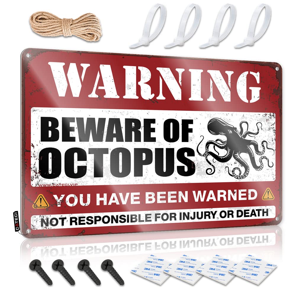 Vintage Beware of Octopus Metal Tin Sign - 20x30cm Retro Bedroom Door Decor for Home, Office & Man Cave - Perfect for Halloween & Themed Parties