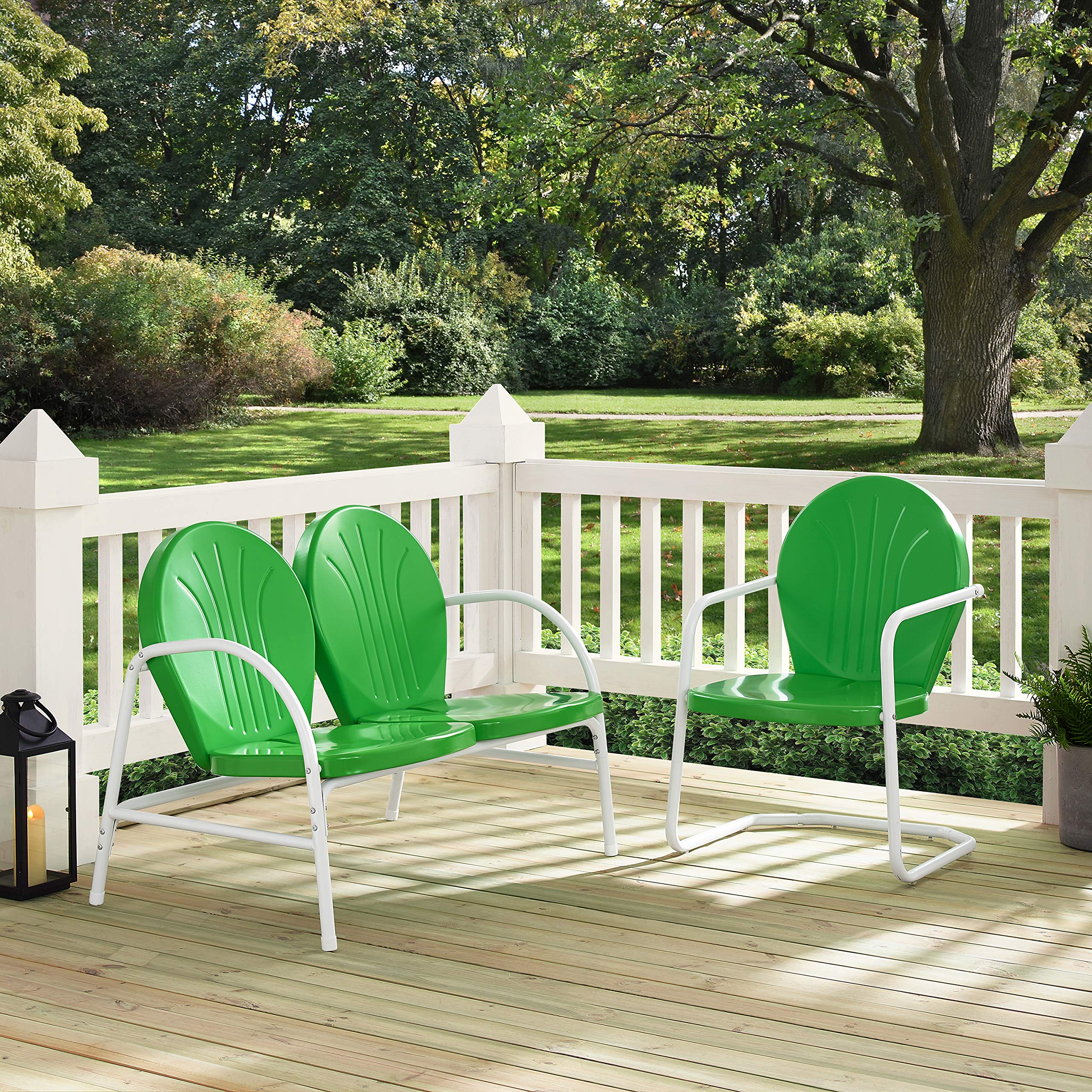 Crosley Griffith 2-Piece Retro Metal Outdoor Chair & Loveseat Set - Grasshopper Green Patio Furniture for Porch, Garden, Backyard & Poolside Relaxation