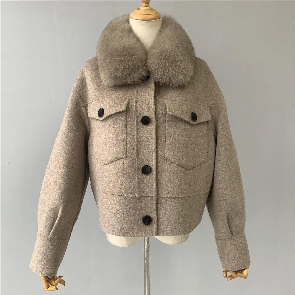 Luxury Women's Cashmere Wool Coat with Real Fur Collar - Winter Cropped Jacket, Full Sleeves & Pockets - Streetwear Outerwear for Cold Weather & Fashion Outings