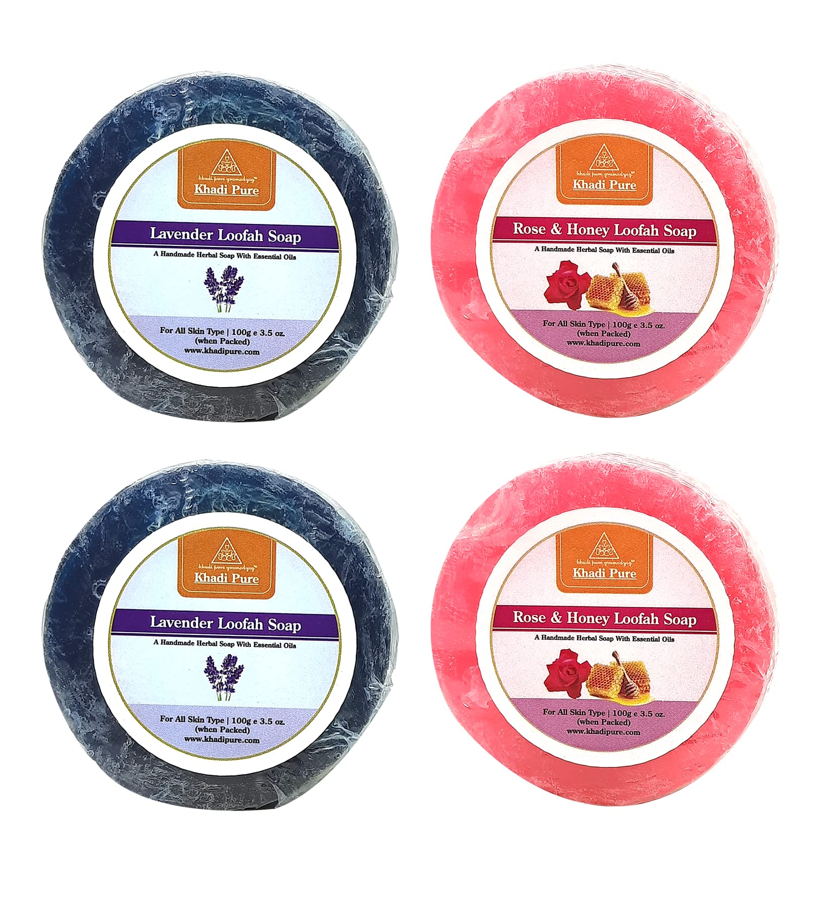 Khadi Pure Lavender & Rose Honey Loofah Soap - 100g (Pack of 4) | Natural Exfoliating Body Wash for Dry & Sensitive Skin | Perfect for Spa Day, Gift Sets & Daily Skincare Routine