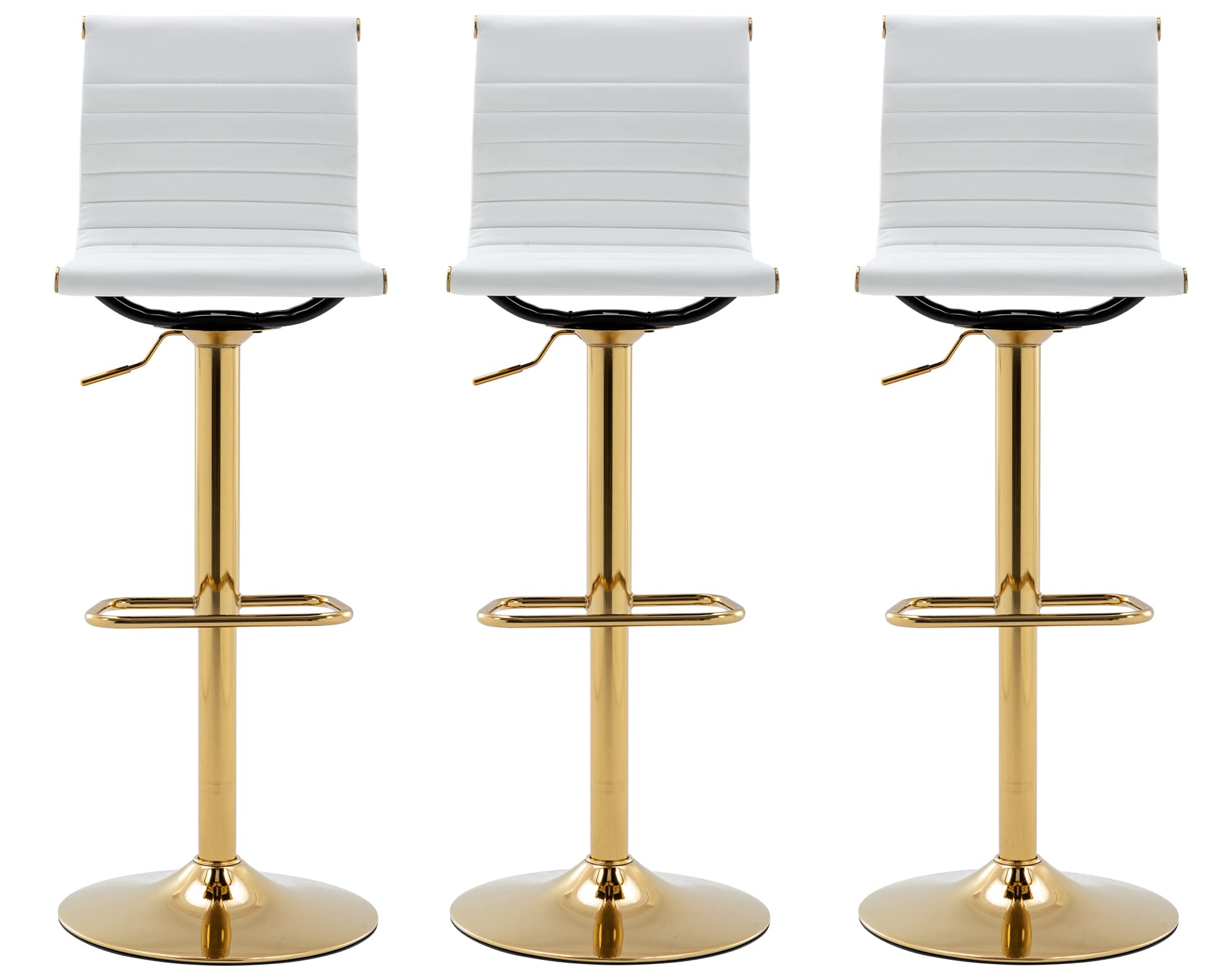 Premium Adjustable Faux Leather Bar Stools Set of 3 - White Counter Height Barstools with Gold Base & Back Support - Perfect for Kitchen Island, Breakfast Bar & Home Bar Decor (3-Pack)