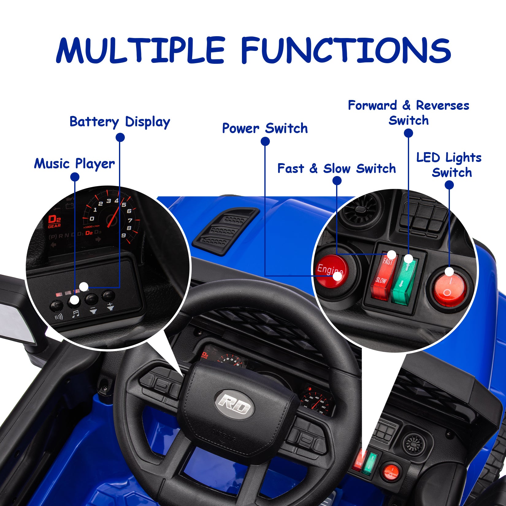 GARVEE 12V Kids Ride On Truck with Remote Control - Electric Toy Car for Toddlers Age 3+, Spring Suspension, LED Lights & Music - Dark Blue | Outdoor & Indoor Play, Birthday Gift for Boys & Girls