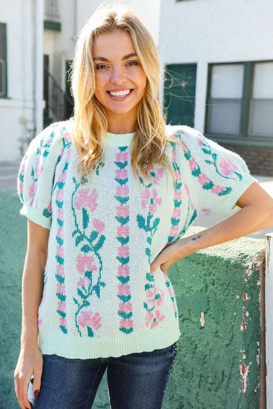 All For Love Mint Jacquard Floral Bubble Sleeve Sweater Top | Women's Fashion Knitwear | Perfect for Date Night & Fall Layering